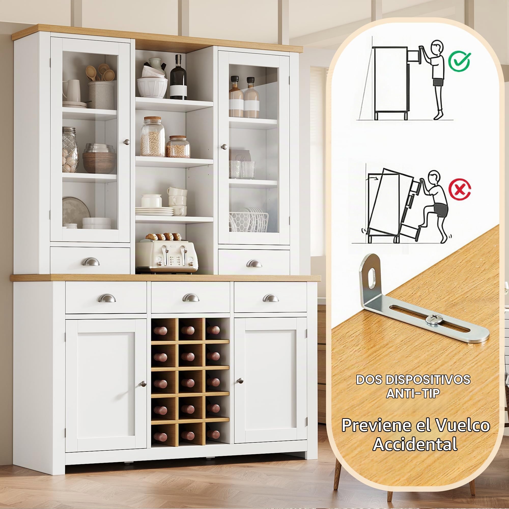 Alacena de Cocina Versátil con Botellero Desmontable y Dispositivo Antivuelco, Armario Cocina con 5 Cajones y 4 Puertas, Aparador Cocina con Estantes Abiertos, 120x40x185 cm, Blanco