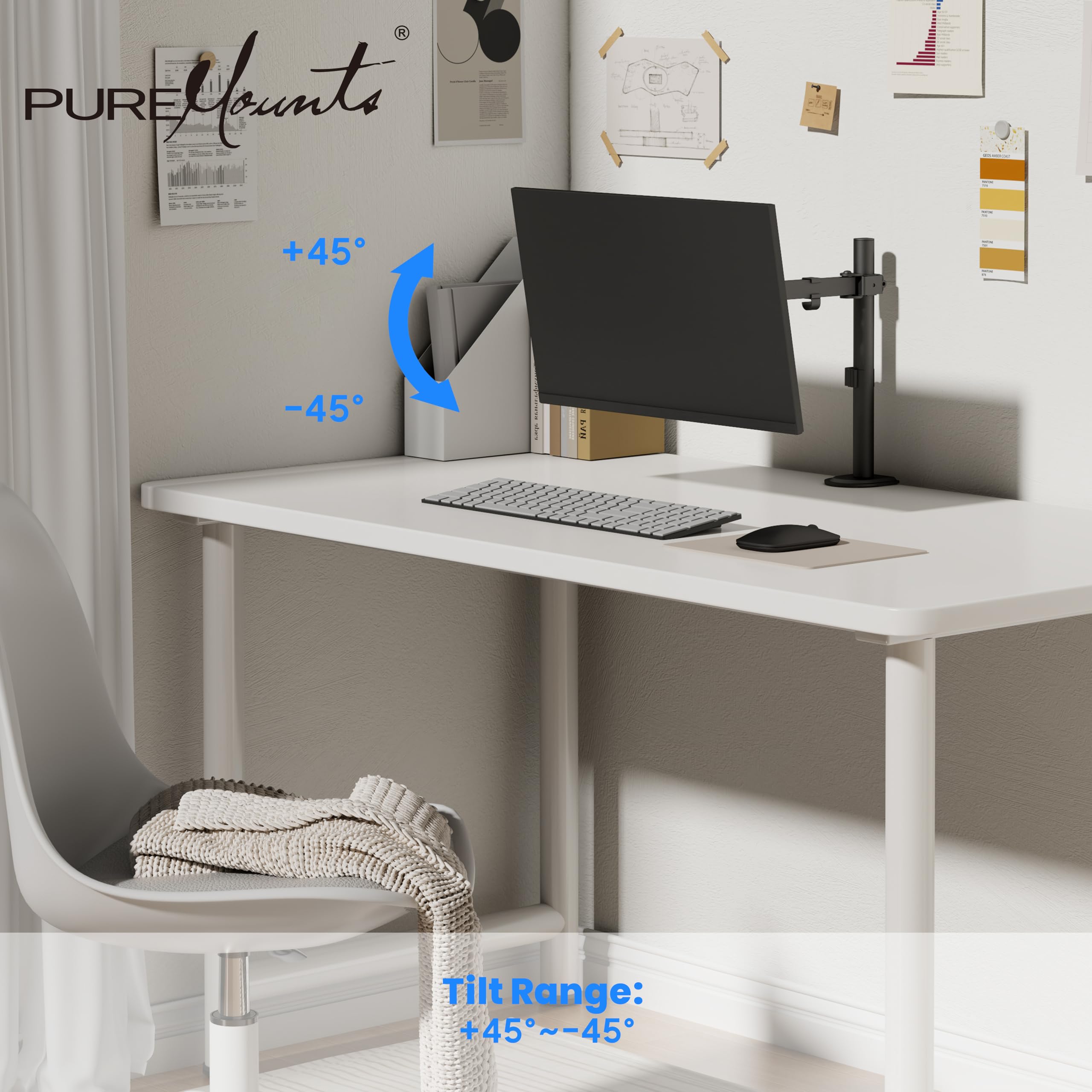 PureMounts supporto per monitor, per 1 schermo, 17 a 32 pollici, regolabile in altezza, inclinabile di +45°/-45°, orientabile con braccio girevole di 90°/-90°, VESA 100, supporto da tavolo, nero