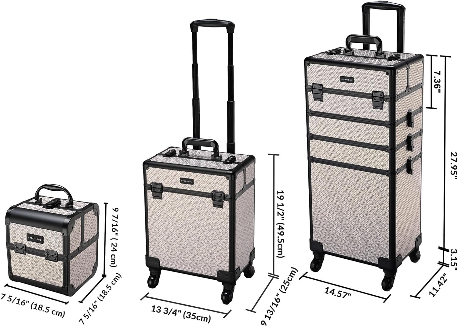 BYOOTIQUE Rolling Makeup Train Case on Wheels 3-Piece Hairdressing Brush Bags Cosmetology Art Deco Graphite