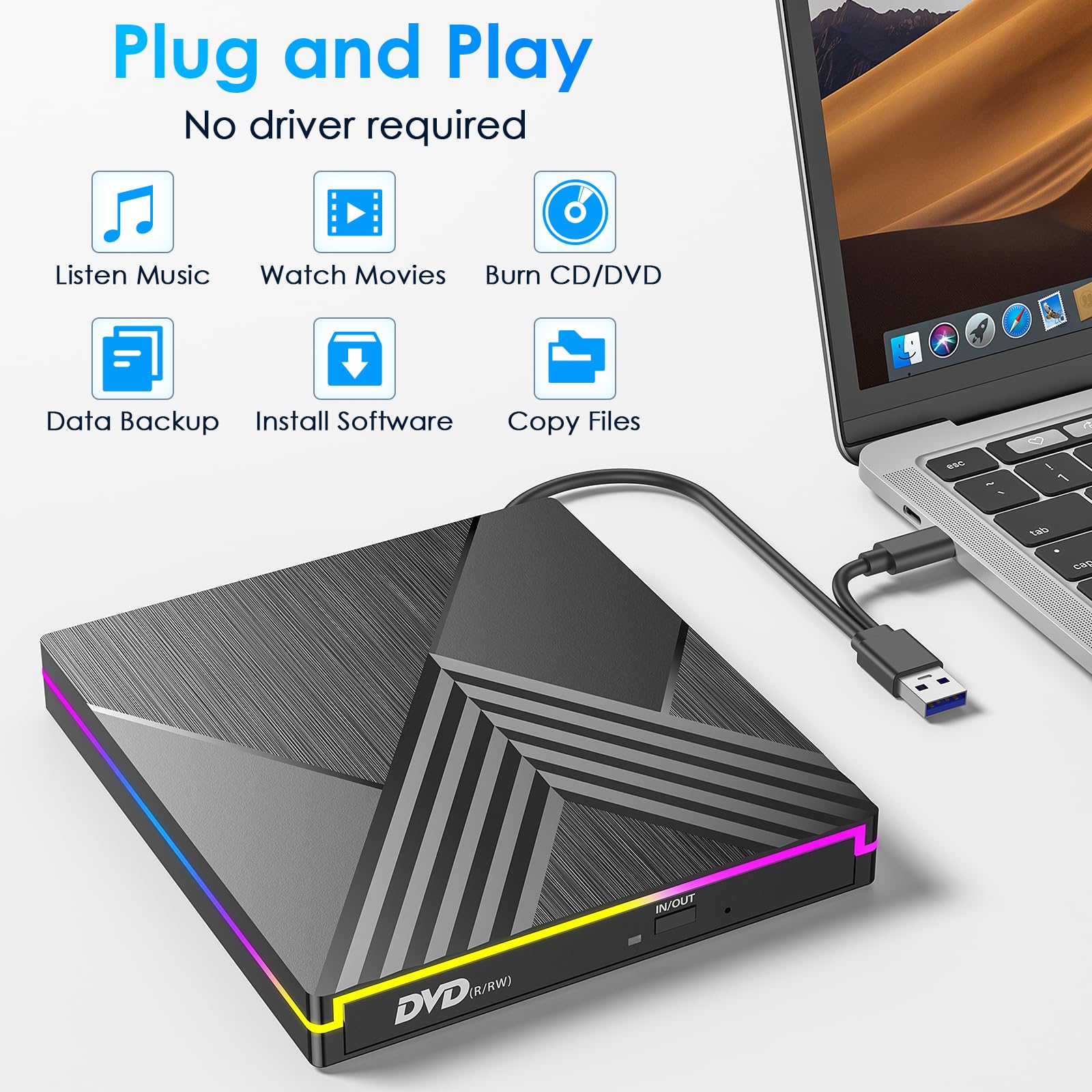 Zewnętrzny odtwarzacz CD DVD, USB 3.0 i Type-C Nagrywarka CD DVD Napęd zewnętrzny, zewnętrzny dyskietek RGB DVD +/-RW Napęd dla komputerów PC Laptop Desktop MacBook OS Win11/10/8/7/XP Linux
