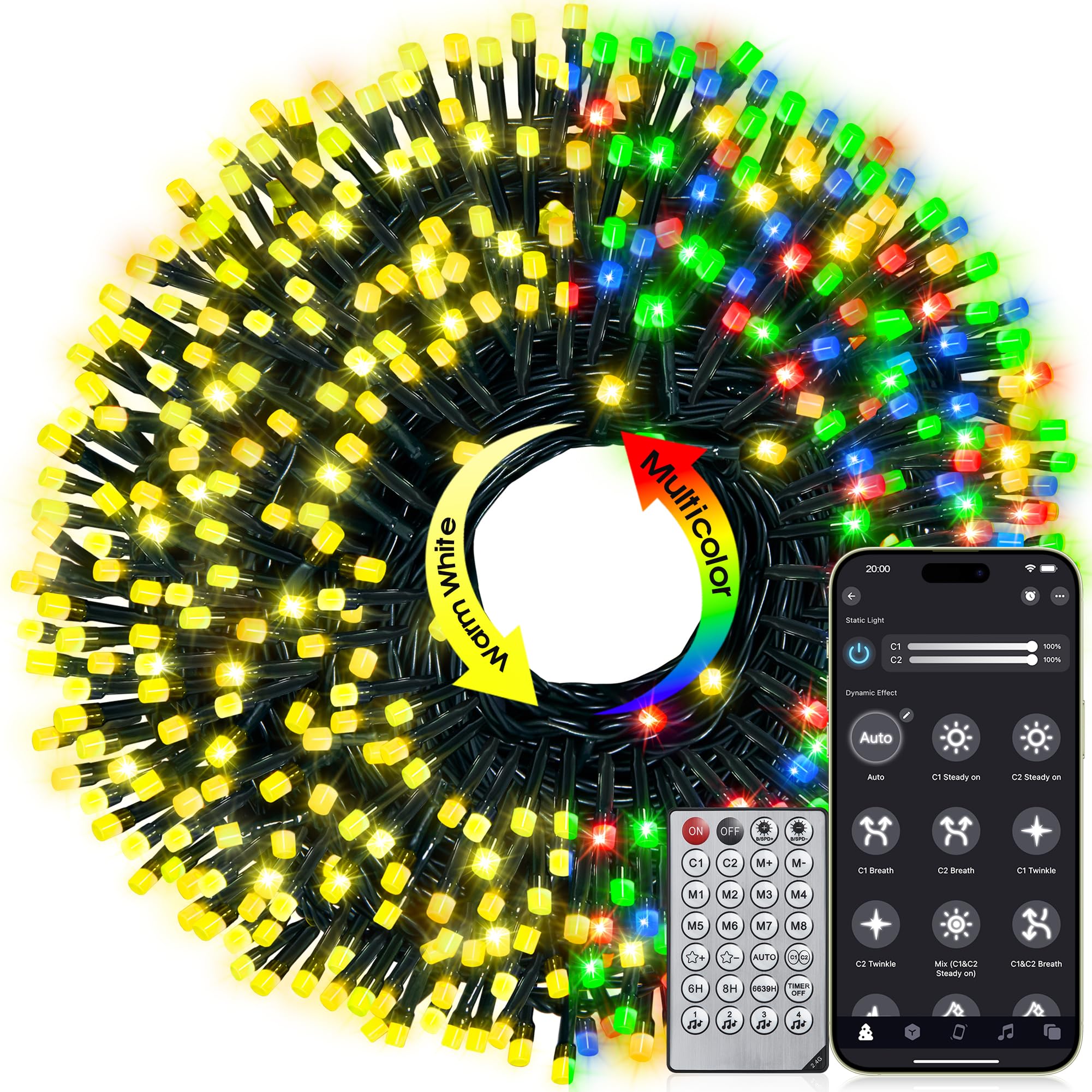 Smart Christmas Tree Lights Indoor Outdoor, 72 ft 220 LED Warm White to Multicolor Musical Christmas Lights with Remote, Connectable Waterproof Twinkle String Lights for Xmas House Decor