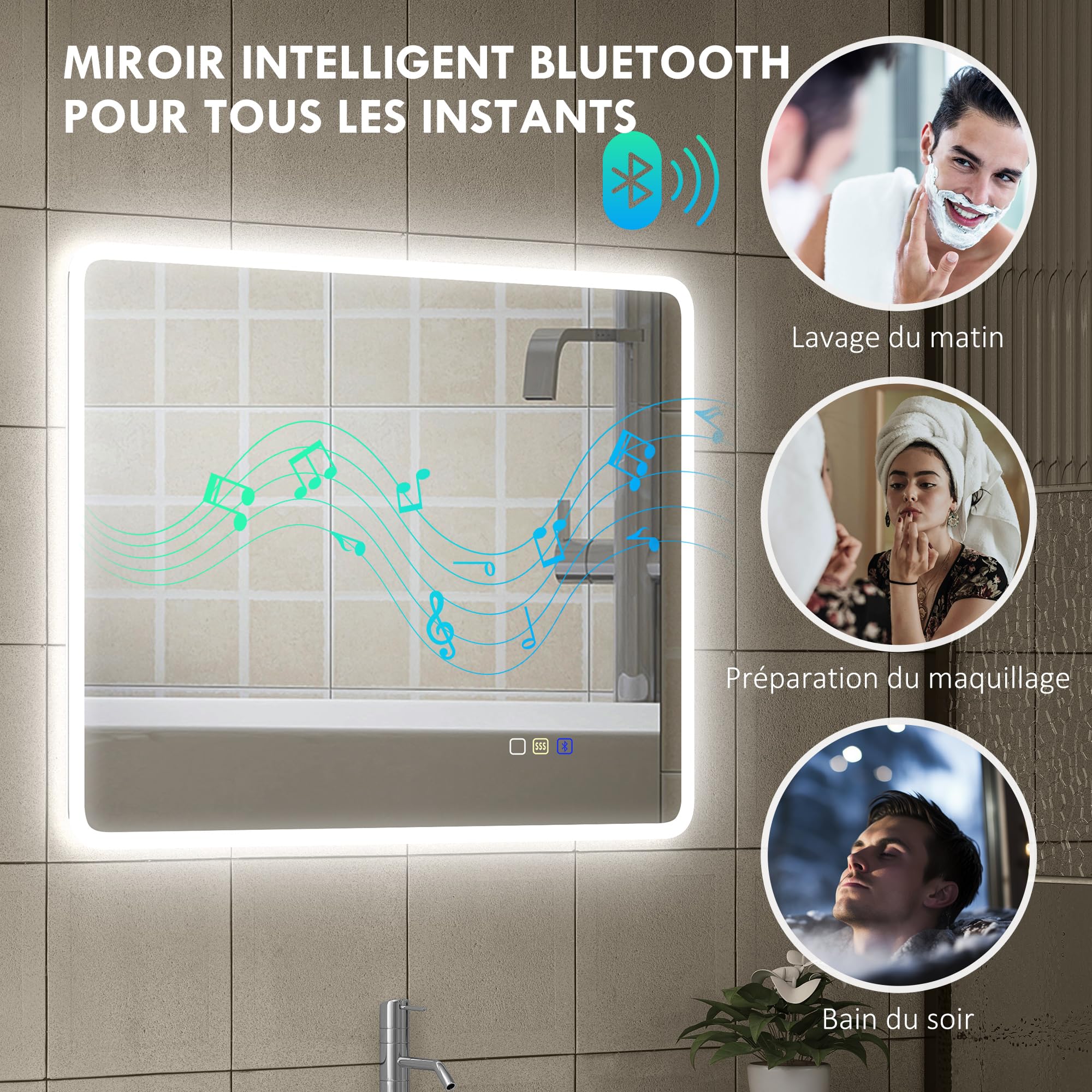 HOMCOM Miroir Salle de Bain Bluetooth 70 x 90 cm, Miroir Lumineux Salle de Bain Mural avec éclairage LED, Interrupteur Tactile, lumière réglable 3 Couleurs, Anti-buée, mémoire - Argent