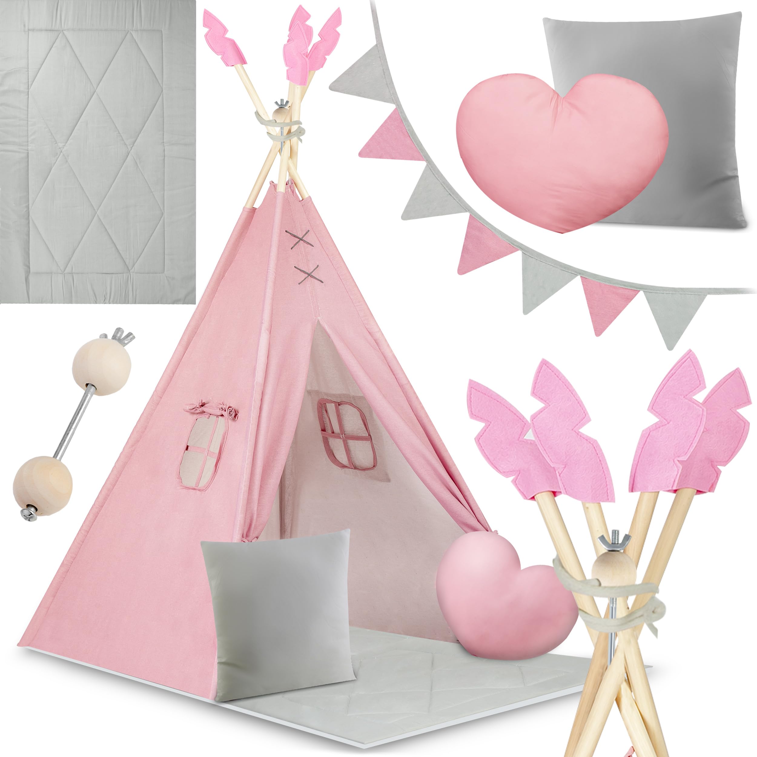 Nukido namiot dla dzieci tipi teepee wigwam z girlandą, poduszkami, dużą matą i stabilizatorem różowo-szary