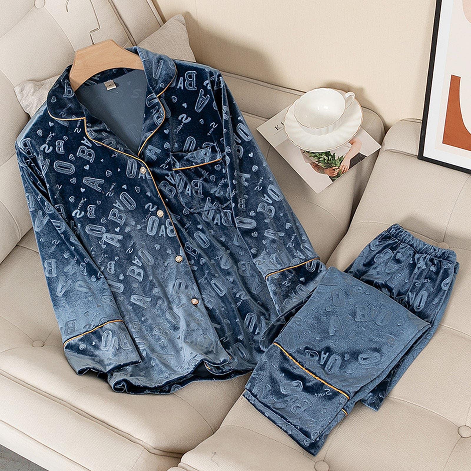 Pigiama Donna Pigiama per Donne in Finta Velluto 2Pcs Set Camicia A Manica Piena E Pantalone Primaverile Autunno Inverno Abbigliamento per Sonno Notturno Sciolto