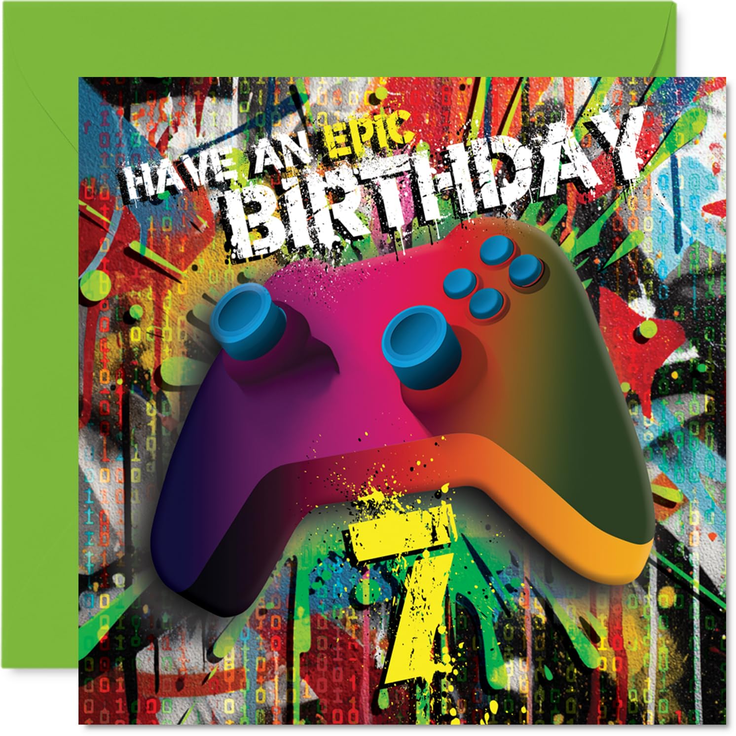 Playful 7th Birthday Card - Level Up the Birthday Fun - Vibrant Gaming Controller Design with Epic Green Details - Sure to Delight Any Young Gamer - 145mm Square, Envelope Included