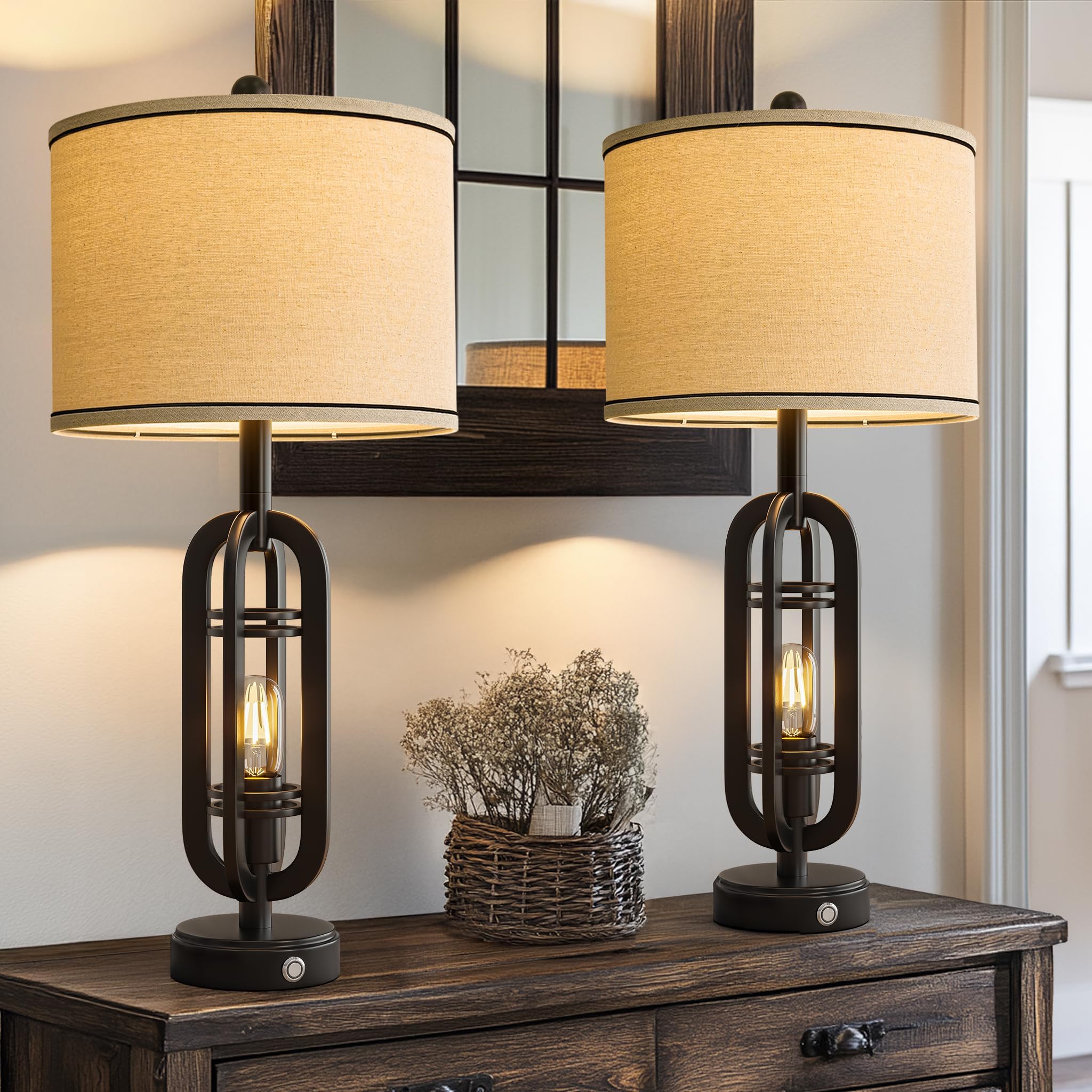 G-SAFAVA 23.75" Retro Farmhouse Black Table Lamp for Living Room Bedroom Nightstand Set of 2 Touch Control Bedside Nightlight Vintage Modern Lamp with USB C+A Ports and 2 Light Sources