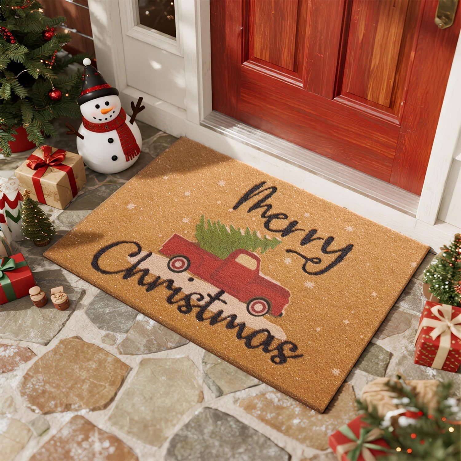 christmas doormat, outdoor & indoor merry christmas door mat, coir truck christmas tree holiday door mats for front door outside entrances, 17"x30", red truck red truck 17"x30"