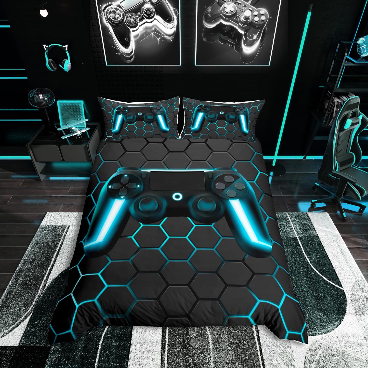Homewish Boys Multi 19 Gamer Comforter Cover Honeycomb Geometric Bedding Sets Neon Lights Gamepad Gaming Duvet Cover Set For Kids Teen Youth Man Hexagon Beehive Quilt Cover With 2 Pillow Cases Double Size Blue