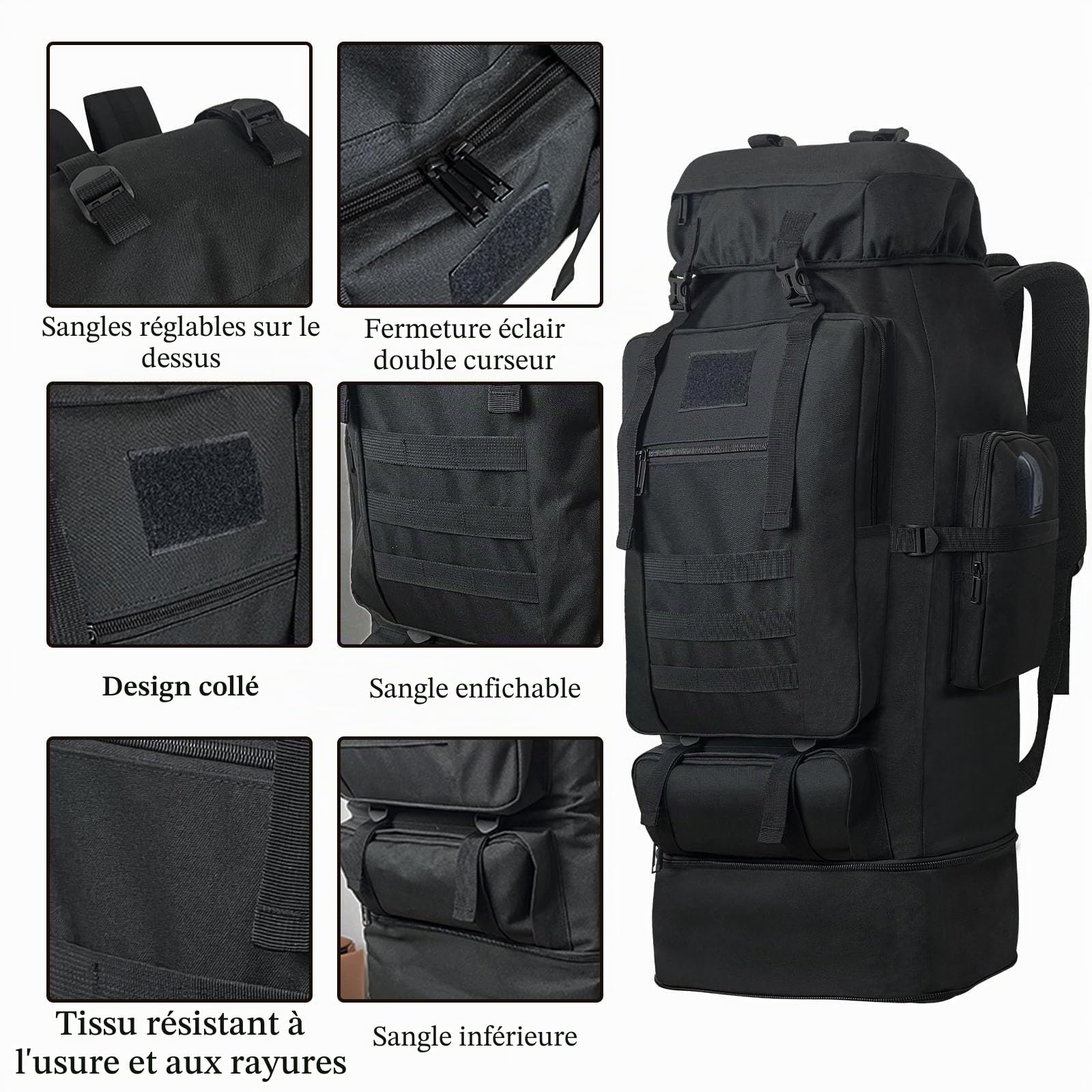 Sac à dos de randonnée tactique militaire de 100 L pour homme avec port de charge USB, sac à dos de voyage léger résistant à l'eau, sac à dos de camping, sac de survie sac à dos de randonnée
