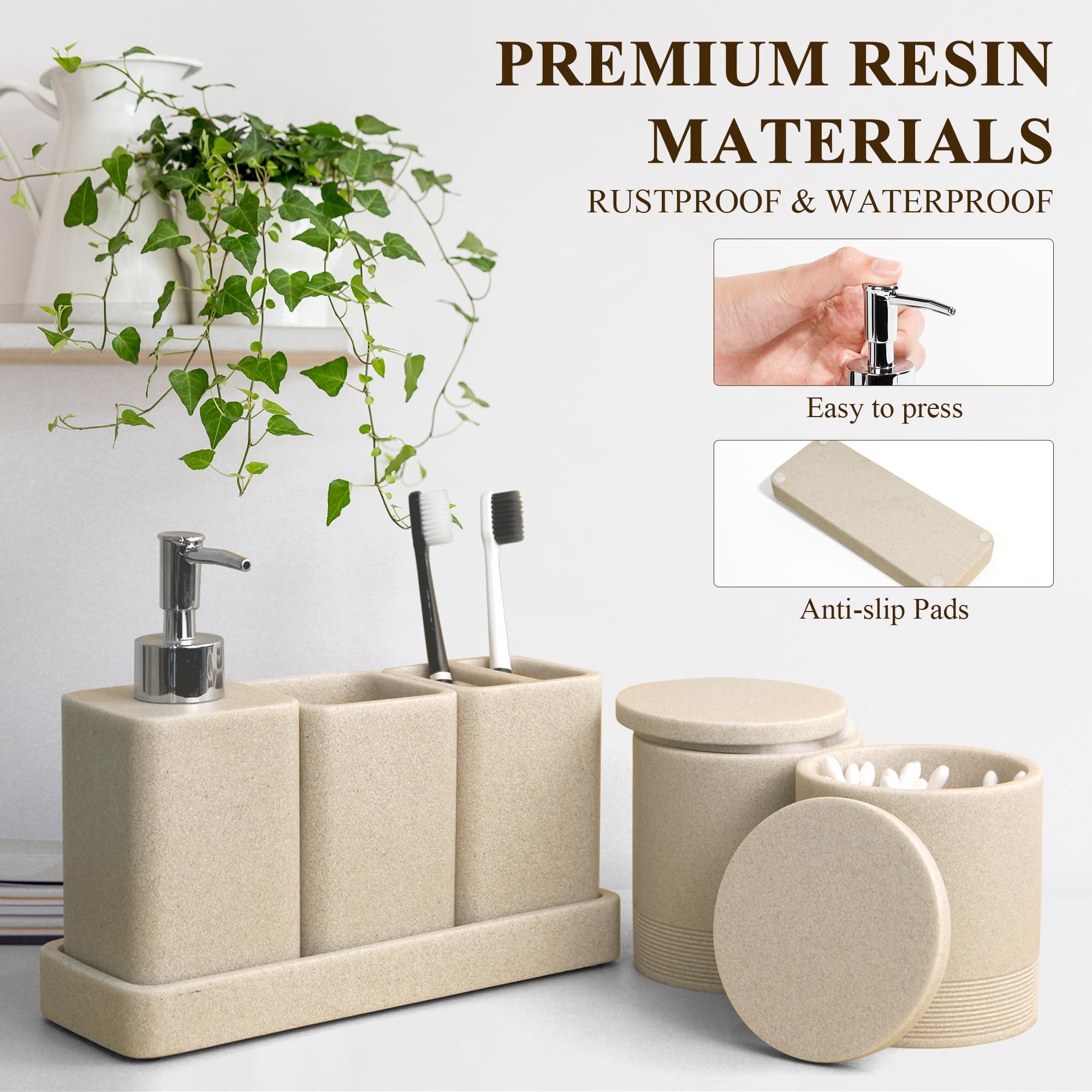 YMXYJM Juego de accesorios de baño, juego de 6 piezas con soportes para cepillos de dientes, dispensador de jabón, bandeja de tocador, vaso, tarros de hisopo de algodón, organizador de baño, juegos de