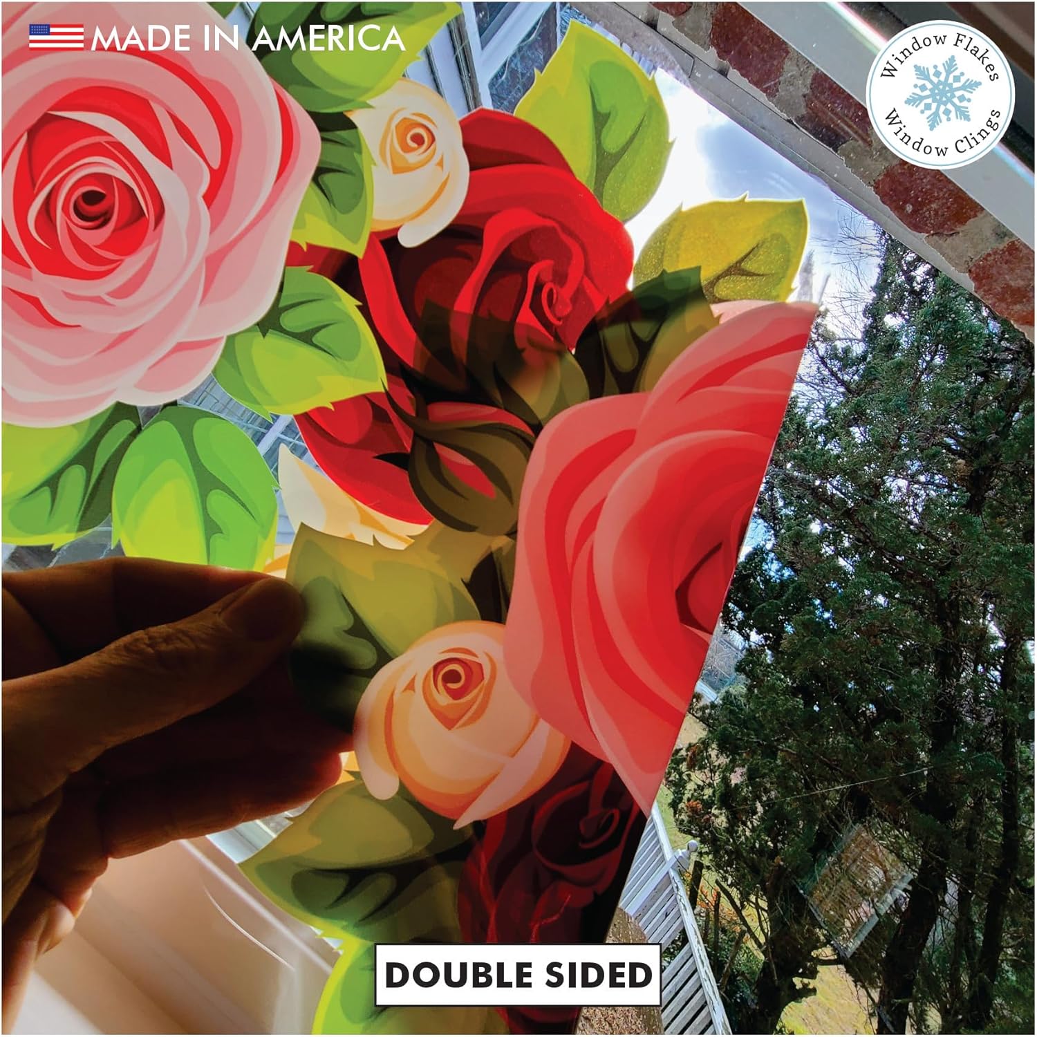 Valentines - Mother's Day - Spring Decoration - Large Valentine Roses Border Double Sided Window Cling Decal - Reusable Home Decor Sticker - Decoration for Glass Doors and Windows. Made in America.