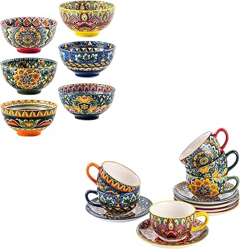 Henten Home Sauce Bowls Set of 6 & Tea Cup with Saucers, Boho Style Dinnerware Set for Dinner, Kitchen, Microwave & Dishwasher Safe