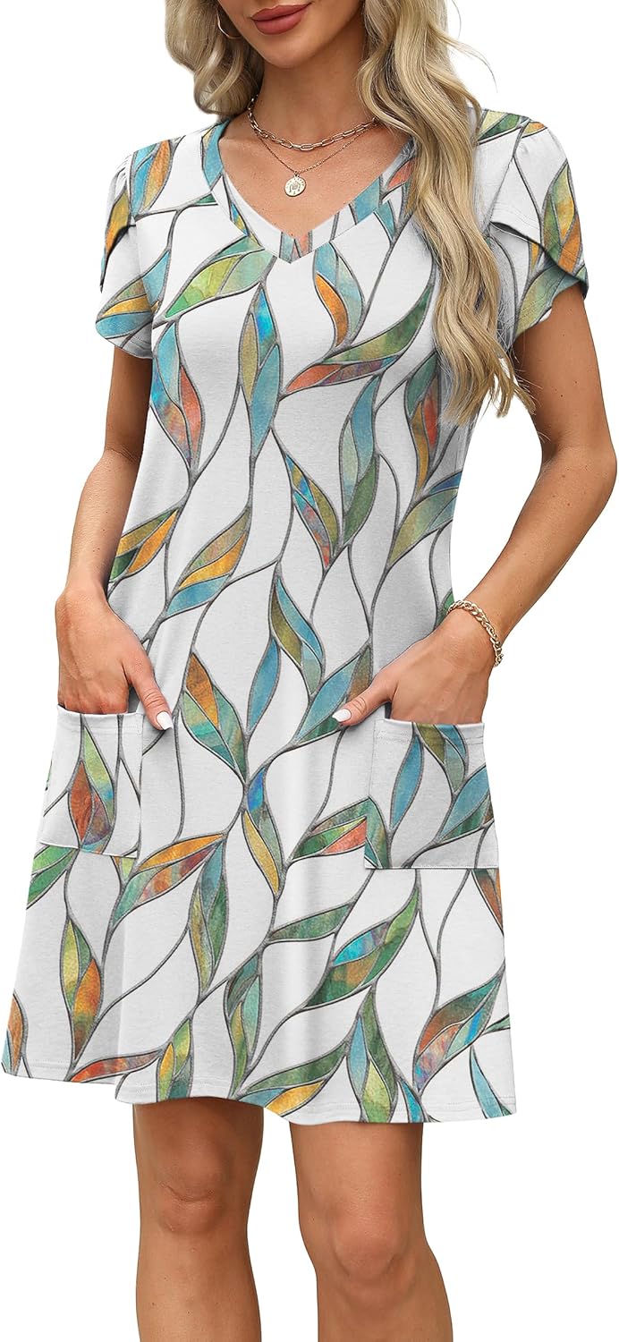 OFEEFAN Womens Summer Dresses 2026 Tulip Petal Short Sleeve V Neck Loose Swing Sundresses with Pockets Plain/Print - Image 4