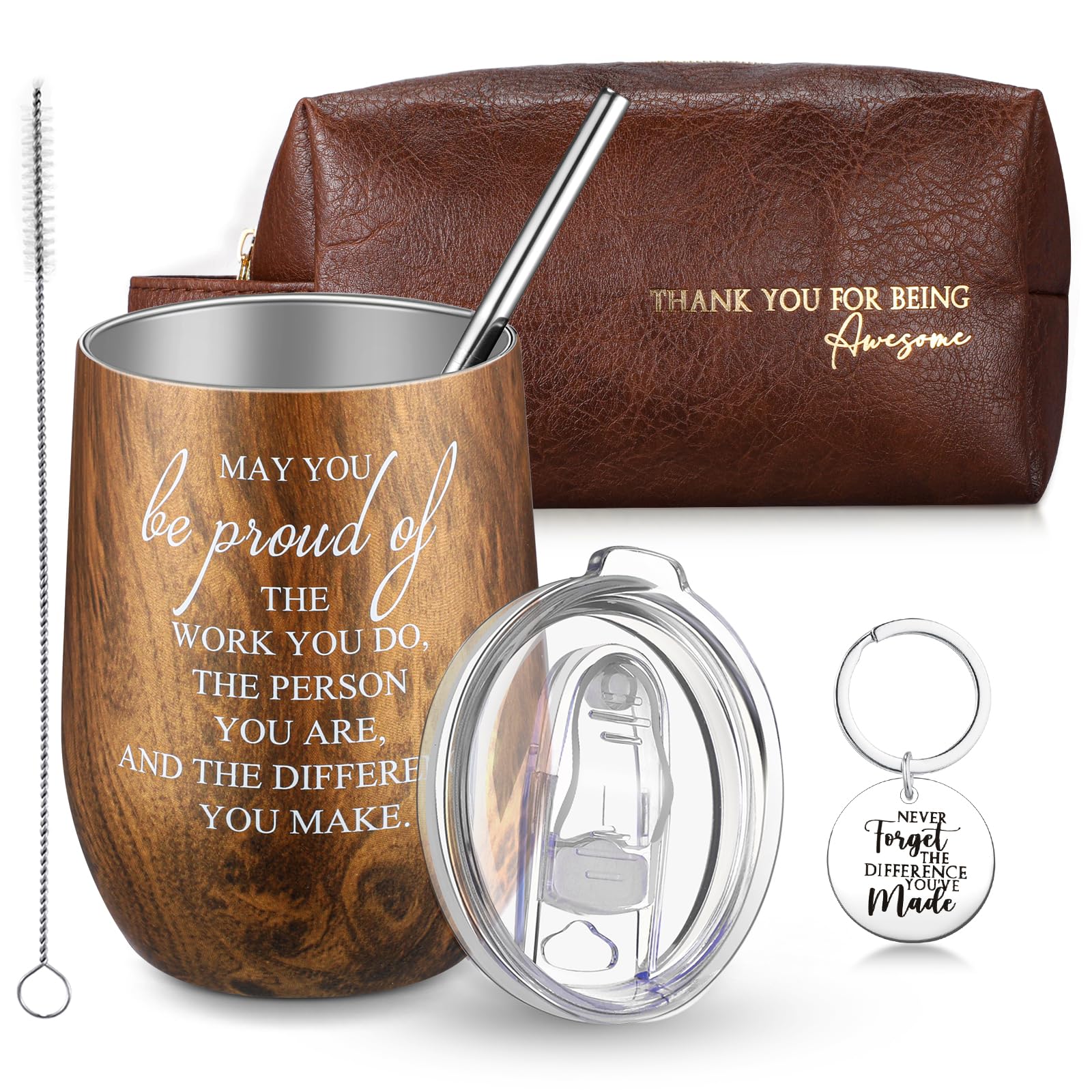 Dandat Set of 3 Thank You Gift for Men Leather Toiletry Bag May You Be Proud of The Work Sign 12oz Stainless Steel Tumbler with Inspirational Keychain for Men Teacher Male Staff(Brown)