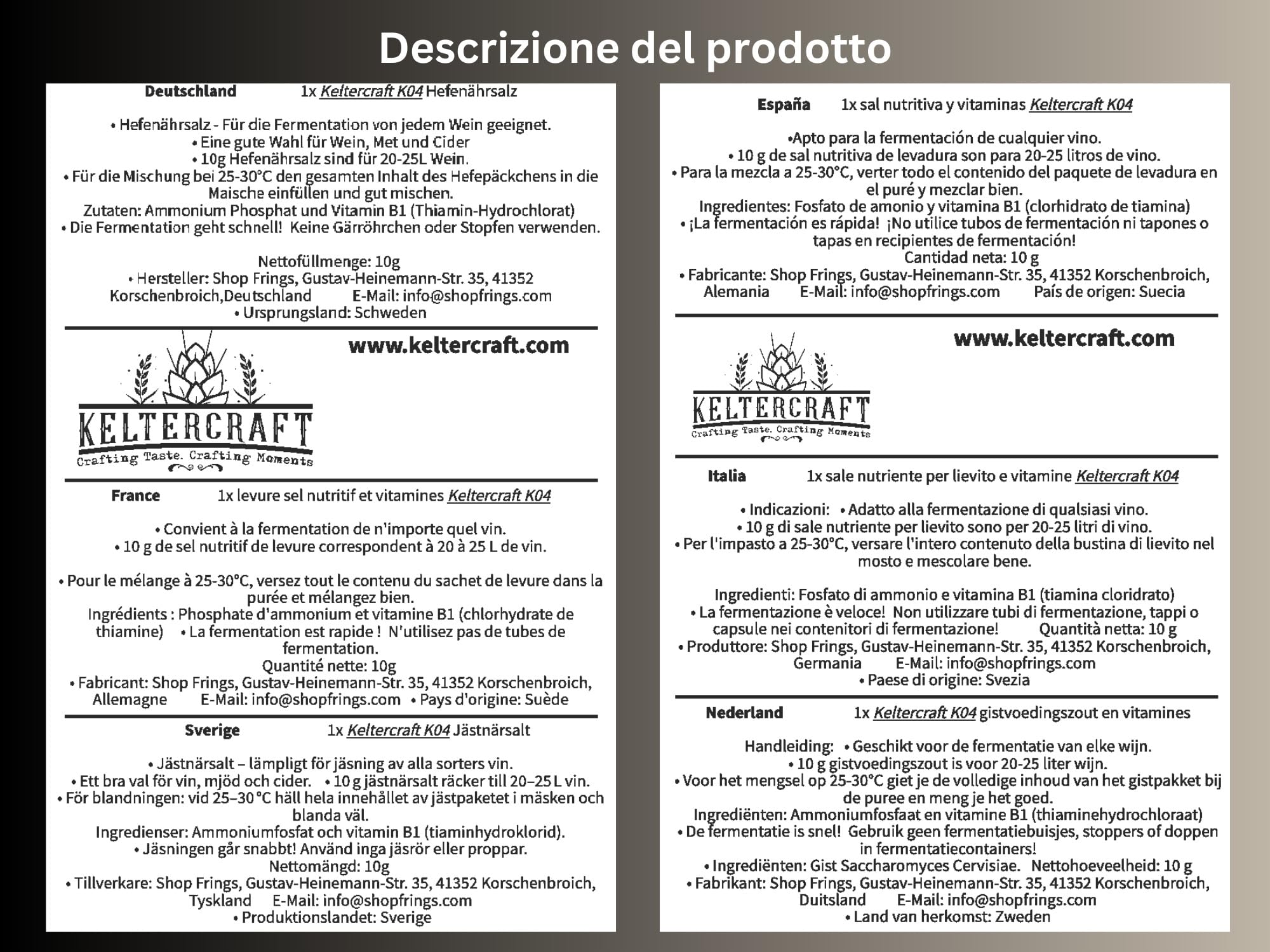 Sale nutriente per lievito Keltercraft K04 [10 g: per 25 litri di vino/idromele/sidro] Sale per fermentazione, lievito alimentare DAP con vitamine, sale nutriente per la fermentazione