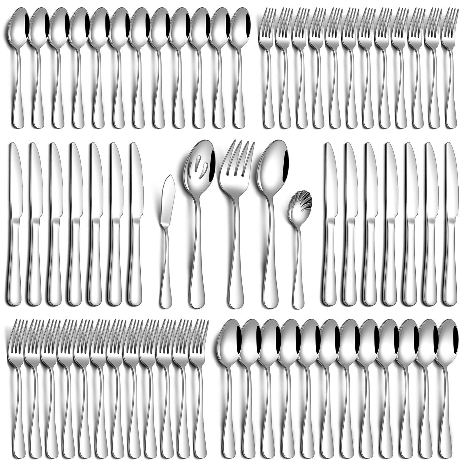 PHILIPALA 65 Piece Silverware Set with Serving Utensils, Stainless Steel Flatware Set for 12 Food Grade Novelty Flatware Cutlery Utensil Set Include Knife Fork Spoon Mirror Polished Dishwasher Safe