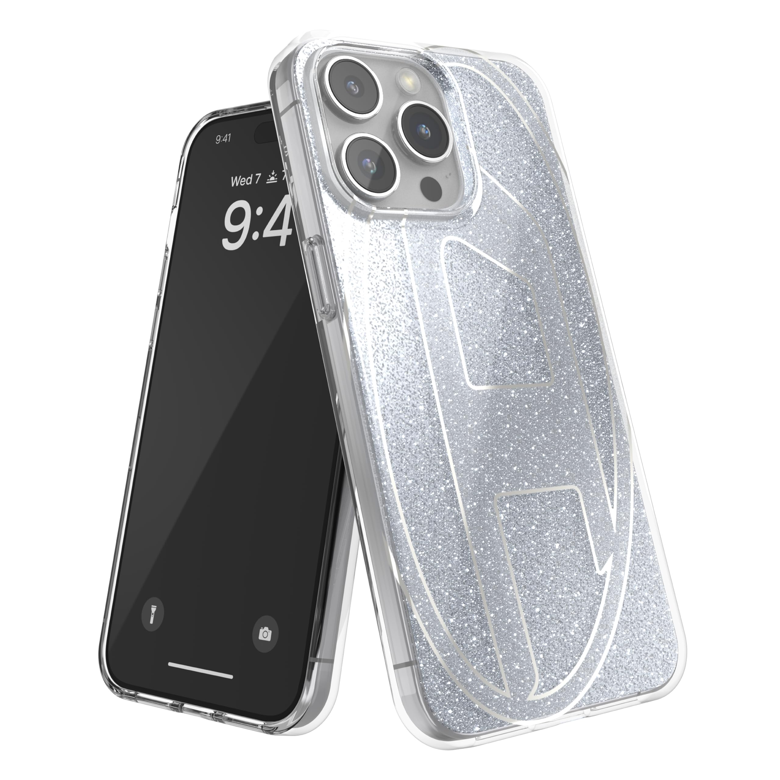 DIESEL iPhone15promaxケース Dロゴ グリッターケース キラキラ ラメ ブランド ロゴ(ディーゼル iPhone 15 Pro Max ケース シルバー)