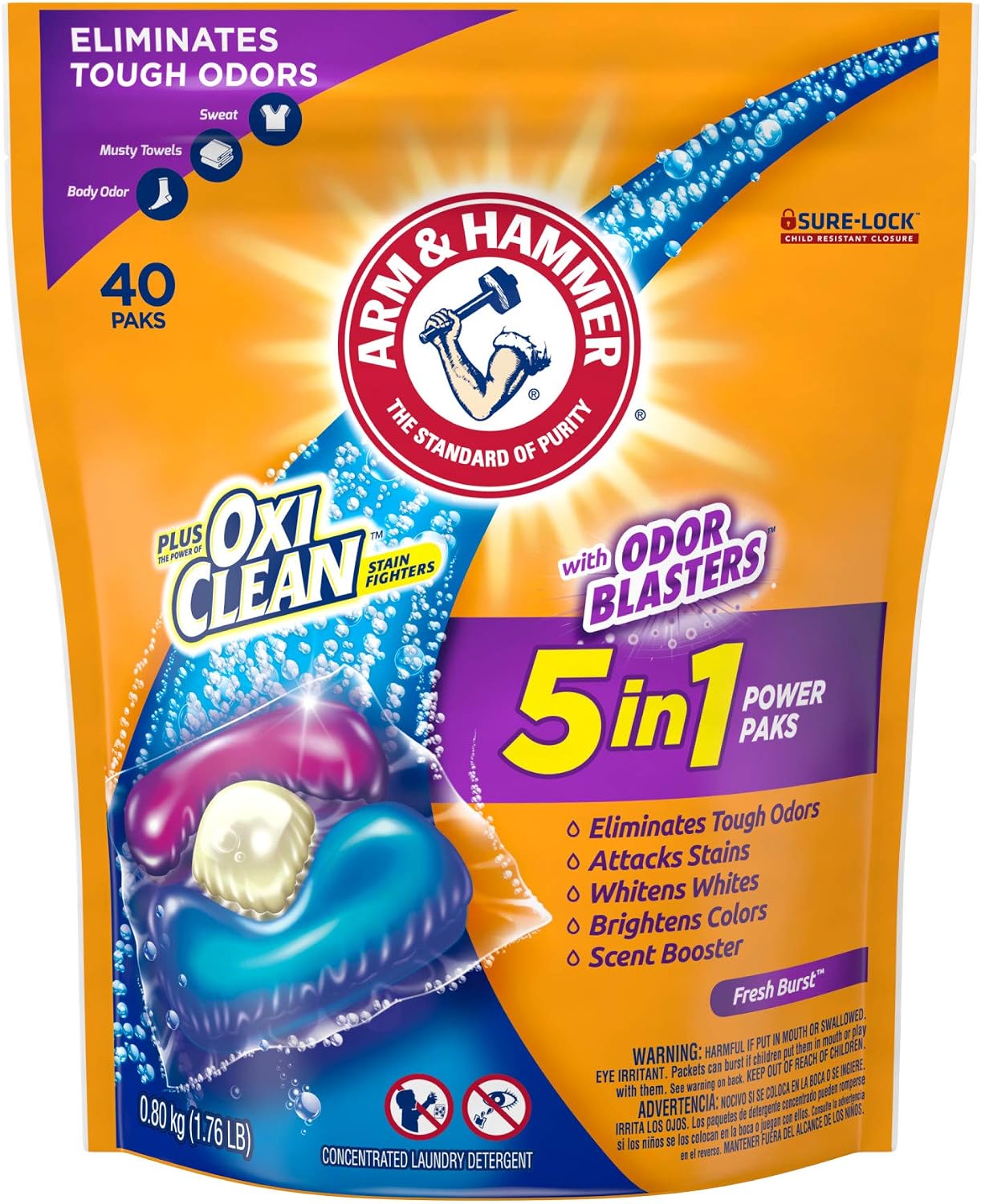 Arm & Hammer Plus OxiClean With Odor Blasters LAUNDRY DETERGENT 5-IN-1 Power Paks, 40CT (Packaging may vary)