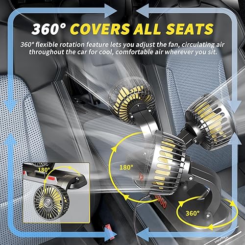 Miniatura 2 de Ventilador de refrigeración portátil de 3 cabezales para automóvil, ajustable de 2 velocidades, rotación de 360, enchufe para encendedor de