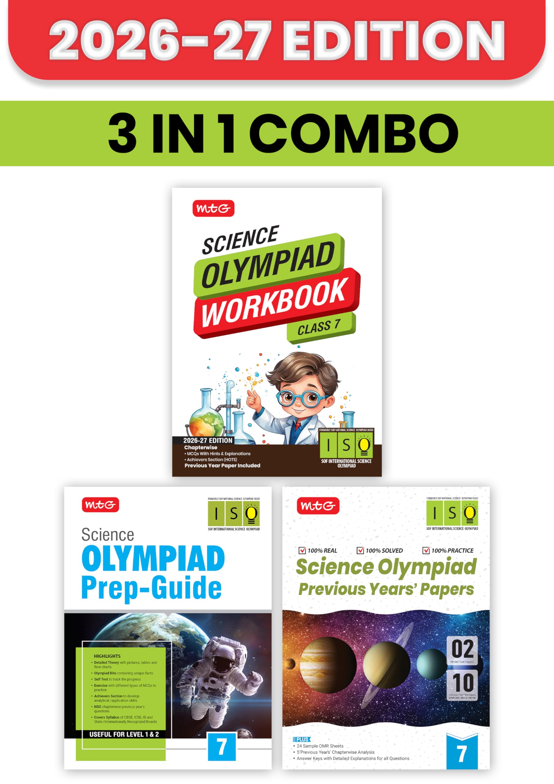 MTG Science Olympiad (ISO) Workbook, Prep Guide & Previous Years Papers Class 7 (PYQs) with Mock Test Paper - SOF Olympiad Books For 2026-27 Exam (Set of 3 Books)