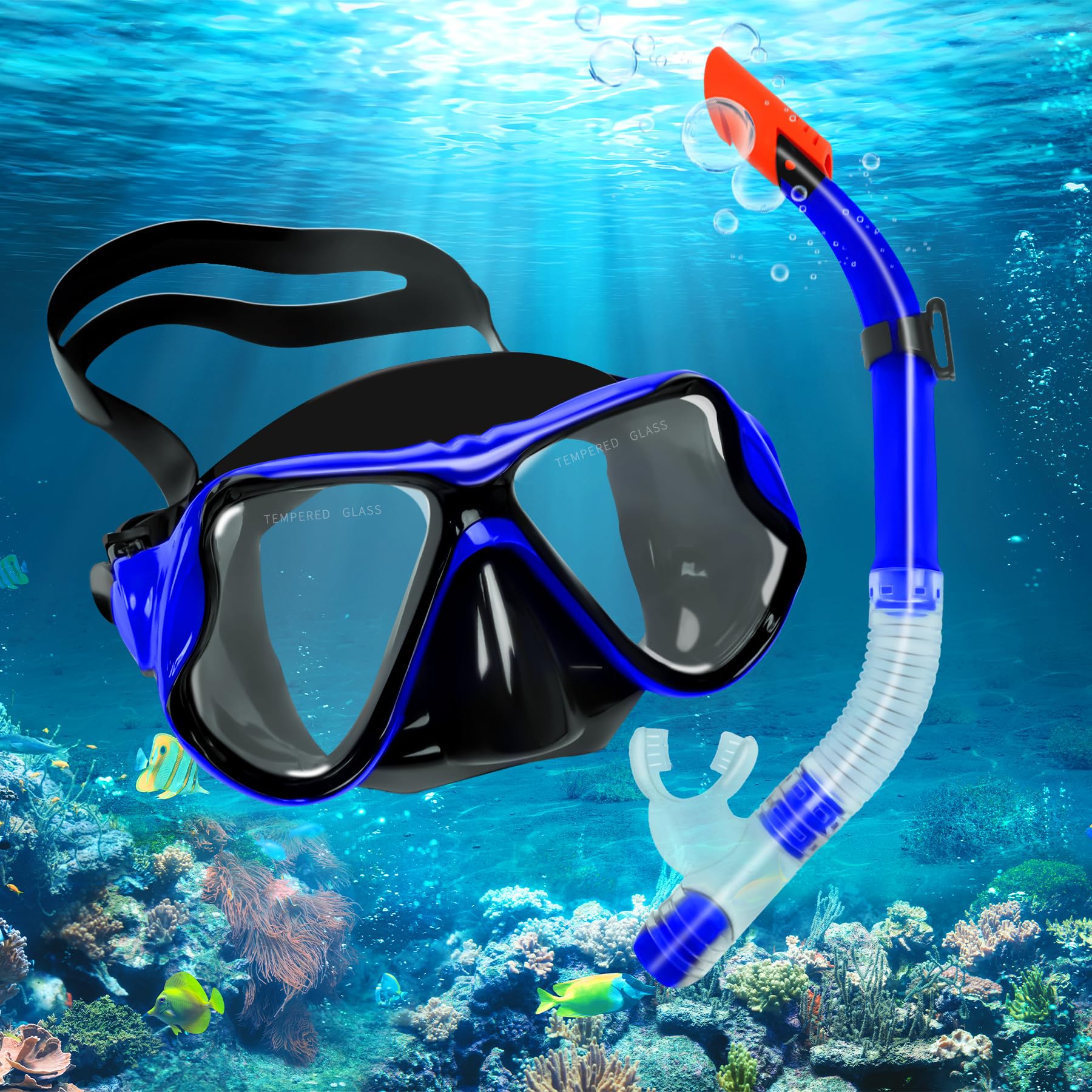 Gafas Buceo Adulto, 180° Panorámica HD Vista Gafas Snorkel, Gafas y Tubo Snorkel Dry Antivaho, Mascara Snorkel Cristal Templado Anti-Fugas, Profesional Mascara Buceo para Hombres Mujeres
