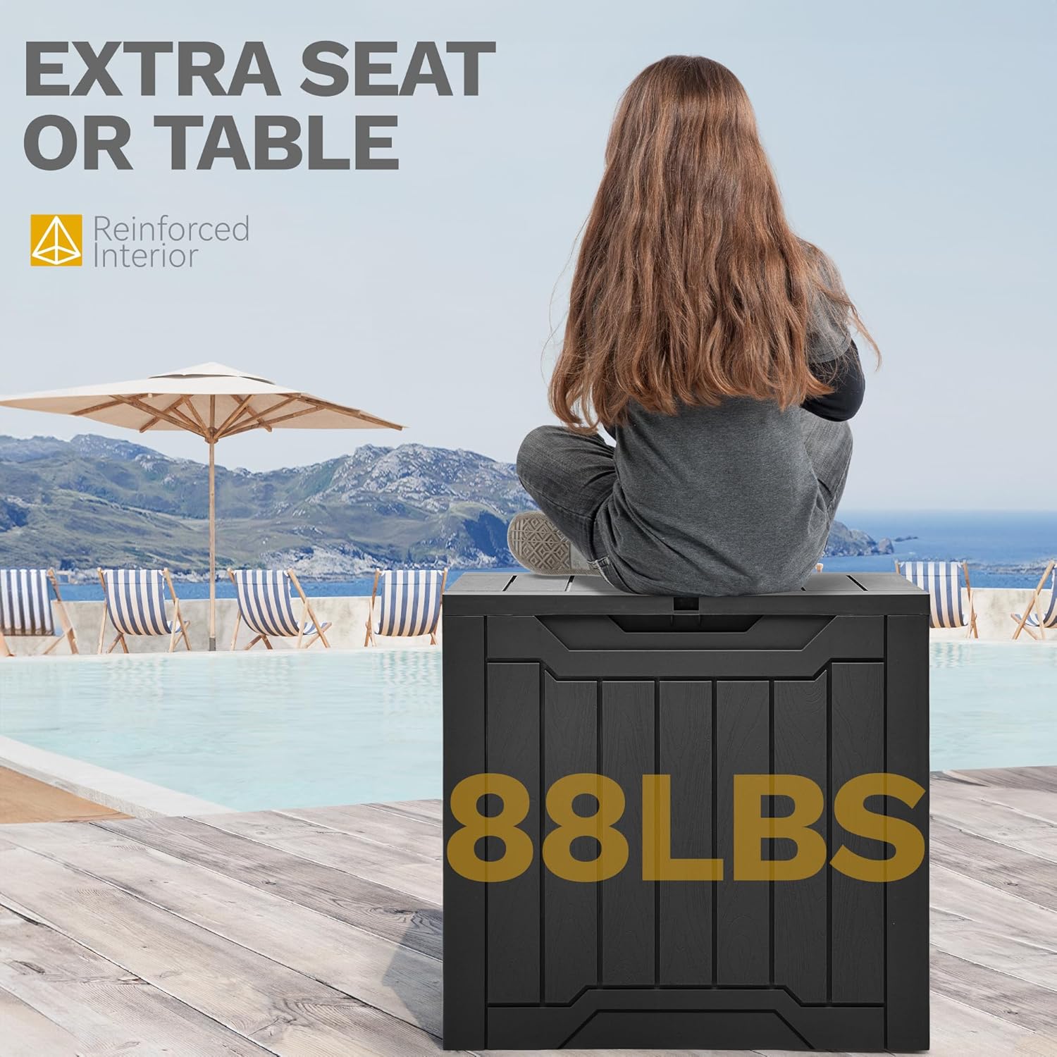 DWVO 30 Gallon Deck Box Outdoor Storage Box, Lockable Outside Storage Bin for Gardening Tools, Patio Cushions, Waterproof Resin (Black)