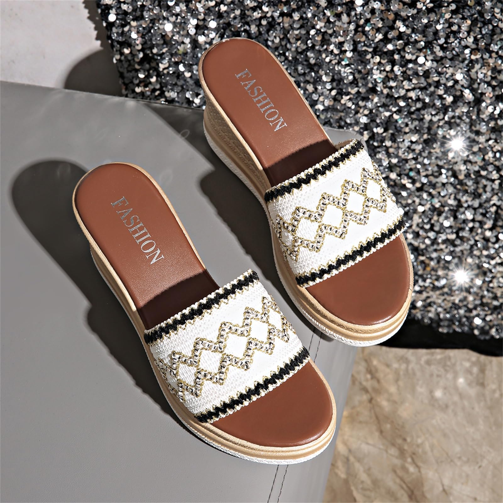 Chanclas de Cuña Sandalias con Cuña de Tejido y Suela Antideslizante, Diseño Sencillo de Banda Ancha, Parte Superior Transpirable para Diario