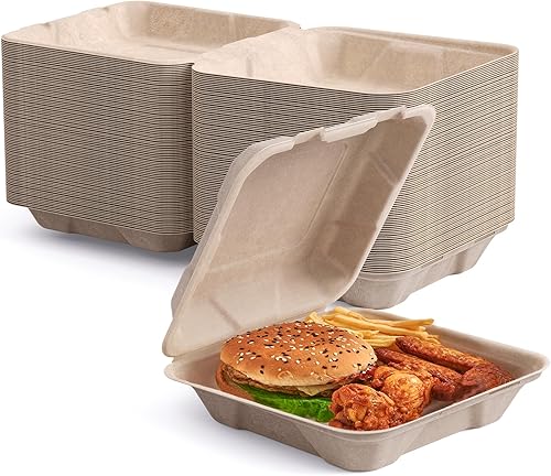 ECOLipak Paquete de 50 recipientes de comida para llevar, 100% compostables, desechables, cajas resistentes de 8 x 8 pulgadas, ecológicas,