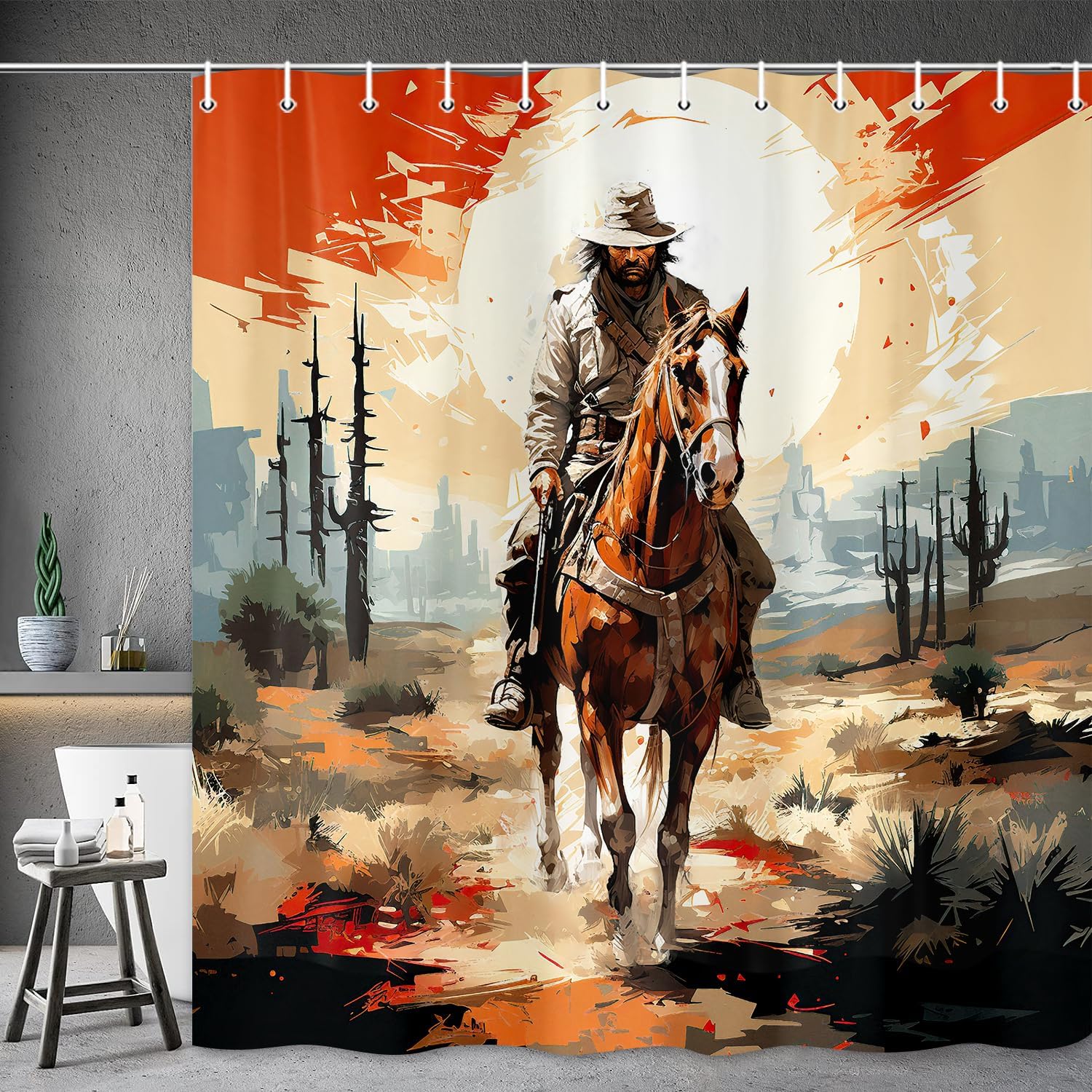 Western Cowboy Shower Curtain, Men Retro Desert Cactus