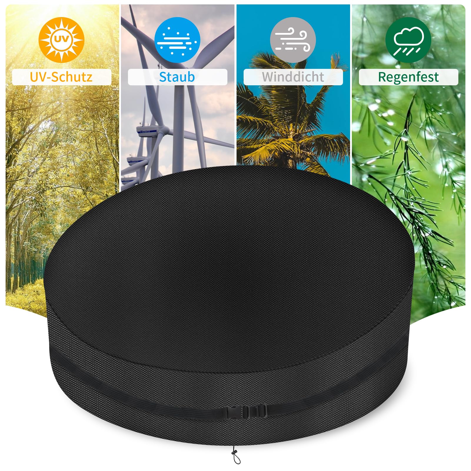 Coperture Isola Prendisole da Giardino Impermeabile，Copertura Letto da Giardino Rotonda con Corda Regolabile, Fibbie Regolabili， Copri Isola Prendisole da Giardino 420D Oxford (50*90*165cm,Nera)