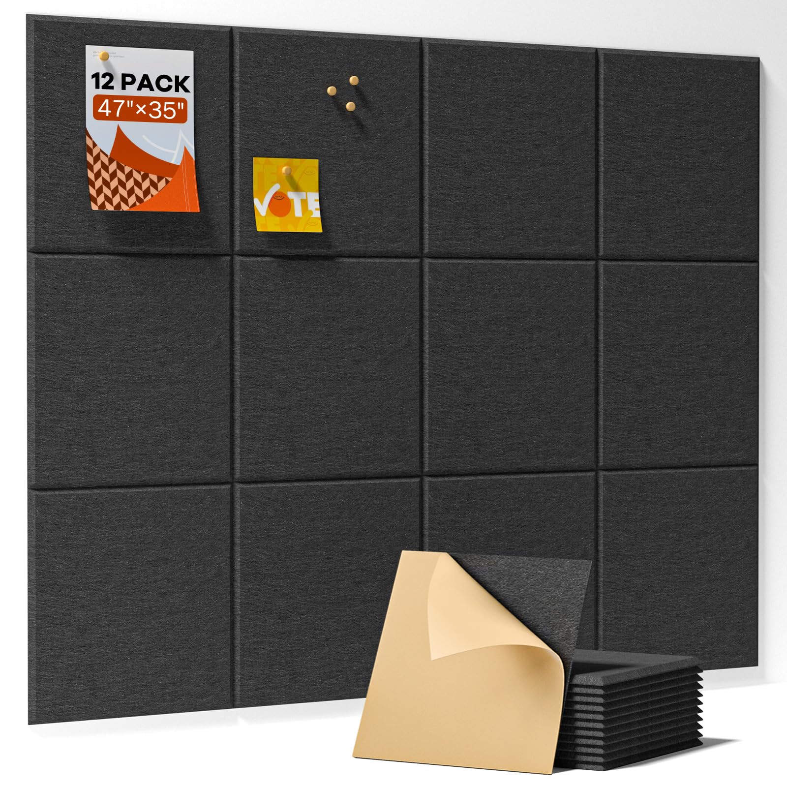Soundsbay Large Cork Board, 120x90cm Felt Wall Tiles Self-Adhesive, 12 Pack Bulletin Board, Pin Board for Walls Office Home Classroom Decor