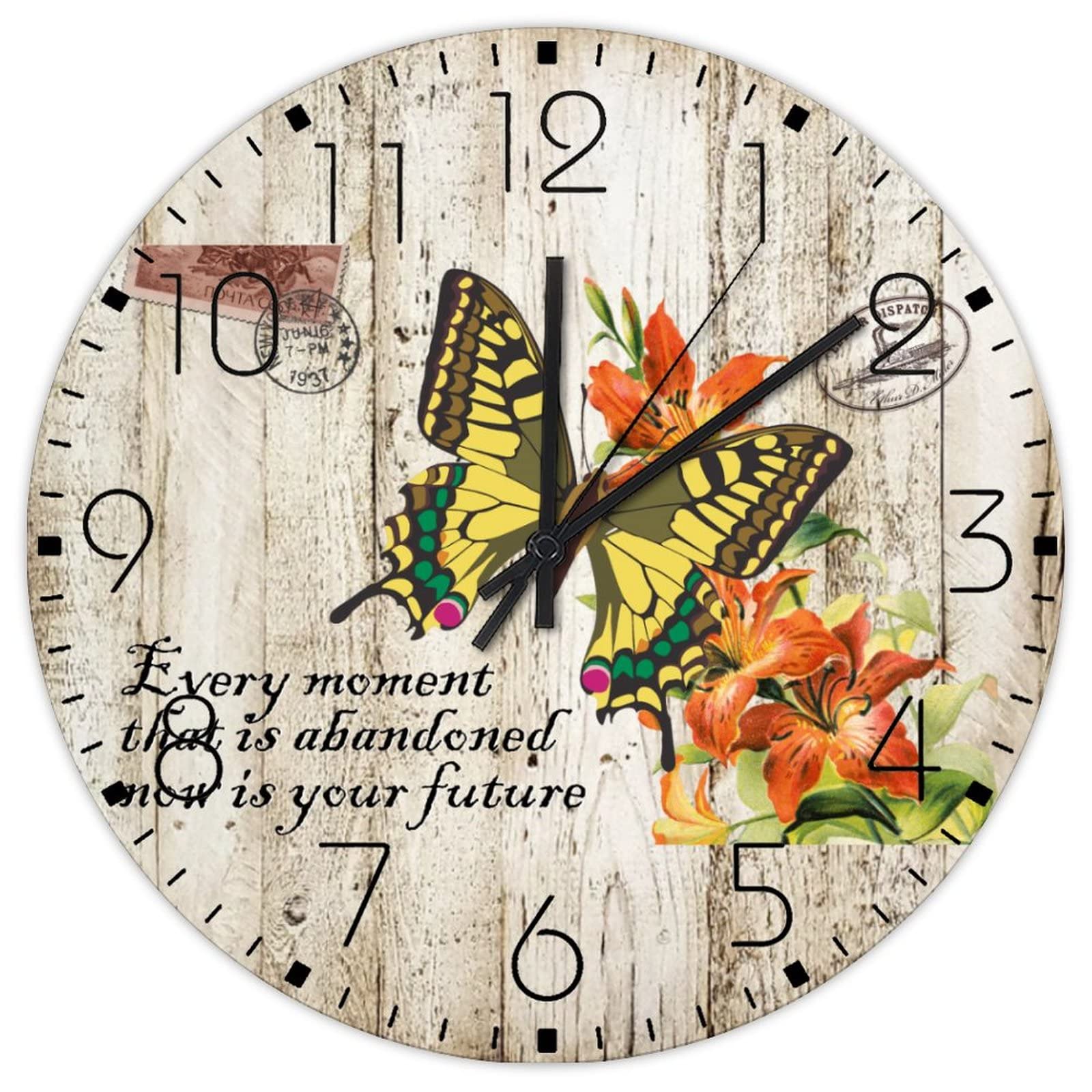 Horloge murale silencieuse pour garderie et atelier thème papillon en bois