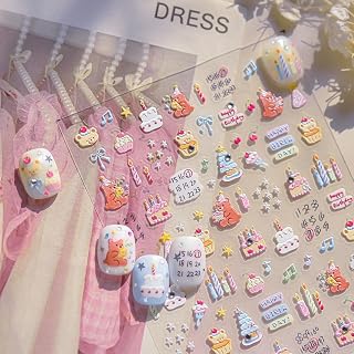 Cartoon Nail Stickers 3D Self-Adhesive Kawaii Animal Nail Supplies Yellow Bear Nail Decals 5D Embossed Cute Birthday Candle Cake Nails Designs for Women DIY Manicure 1 Sheet