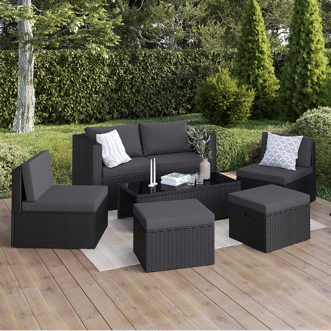 STEELSØN Noctura Rattan Gartenmöbel Set 6-TLG. – Gartenlounge mit Sofa, Sessel, Tisch & Hocker – Sitzgruppe Outdoor schwarz/anthrazit Garten/Balkon/Terasse – Sitzgarnitur Set Metallgestell wetterfest