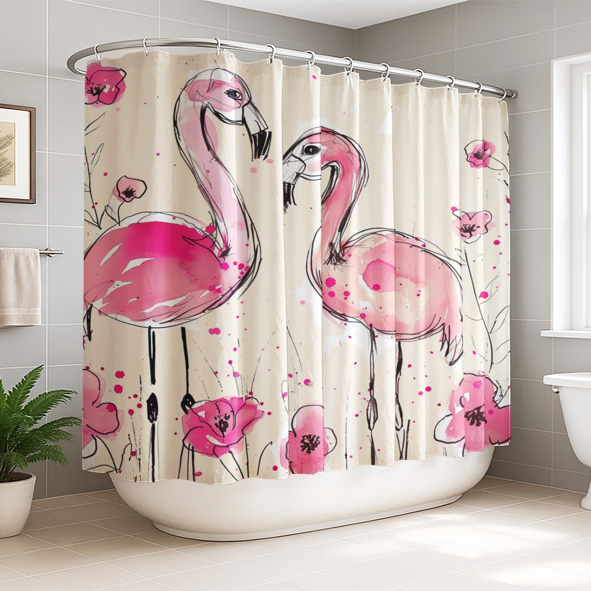 Rideau de douche tropical extra large oiseaux fleurs lavable avec crochets