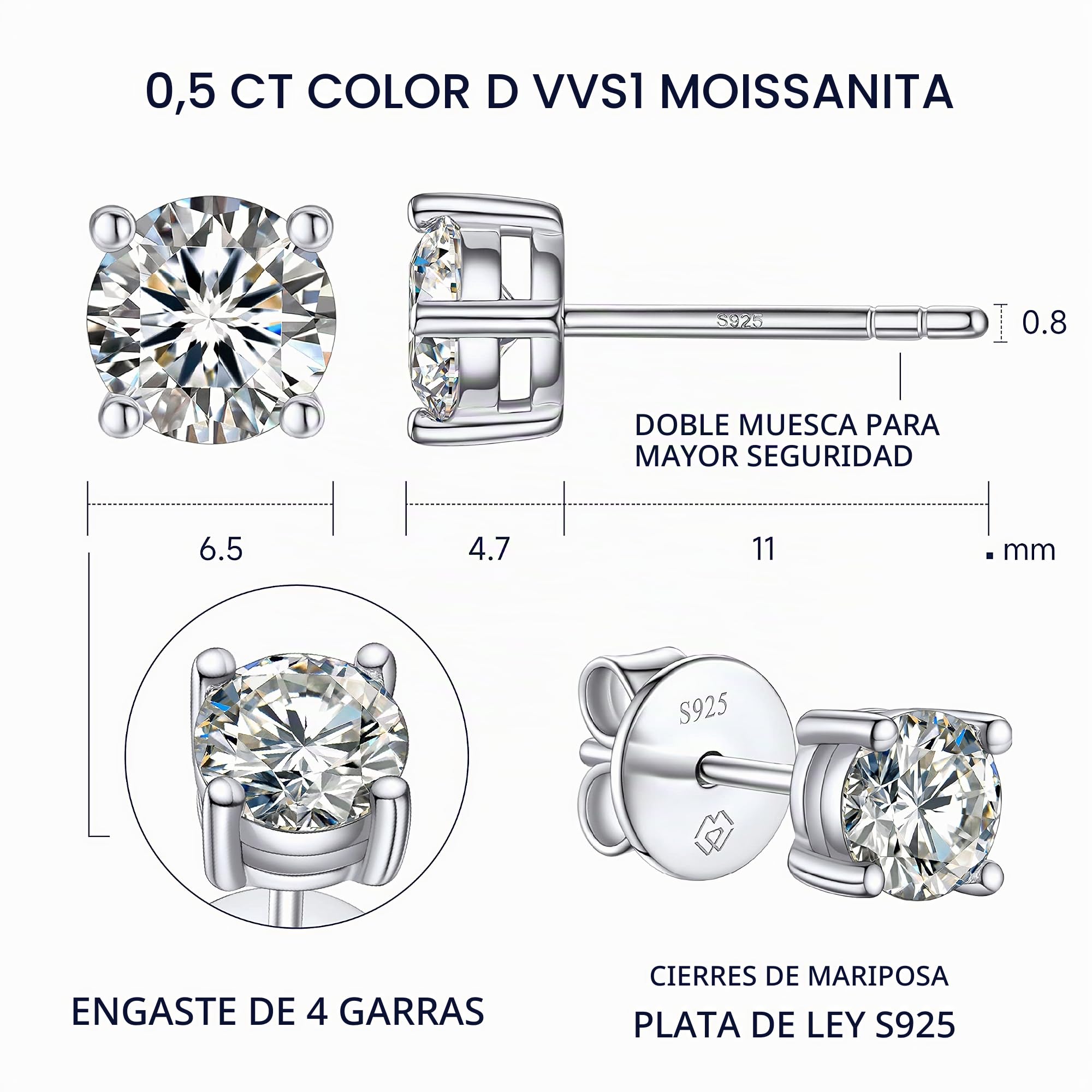 MomentWish Pendientes Mujer Moissanita Plata 925 Efecto Diamante