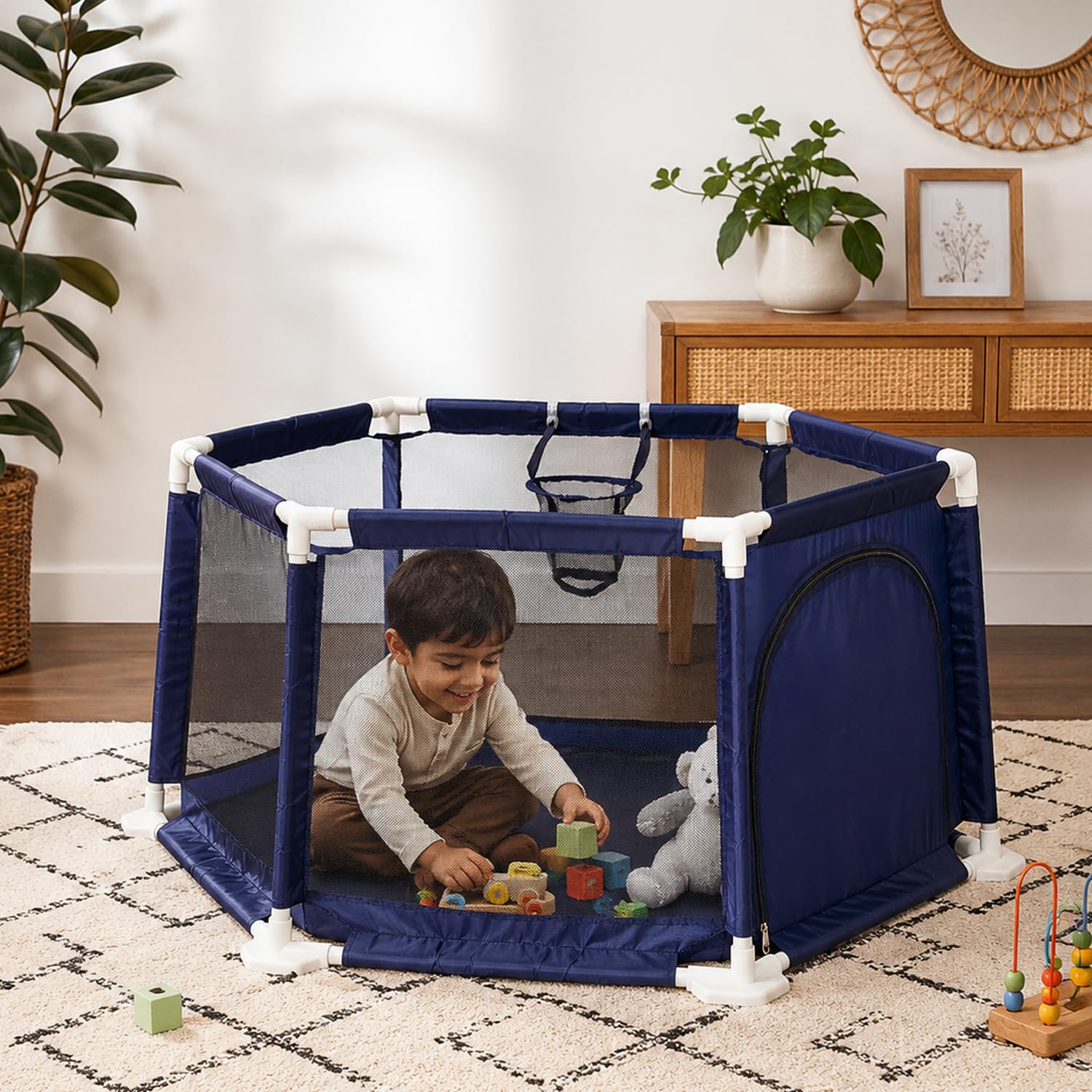 Amazon Brand - Jam & Honey Kids Playpen for Babies & Toddlers | Foldable Baby Ball Pool with Zipper Door & Basketball Hoop | Sturdy Portable Play Area for Kids (Blue, Octagonal)-image-29