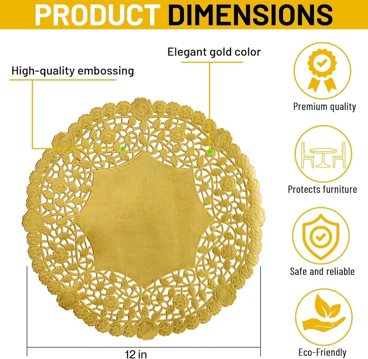 The Baker Celebrations 12-Inch Gold Paper Doilies – 100 Pack Metallic Gold Foil Lace Doilies for Wedding Table Decor, Cake Mats & Food Presentation – Made in Canada