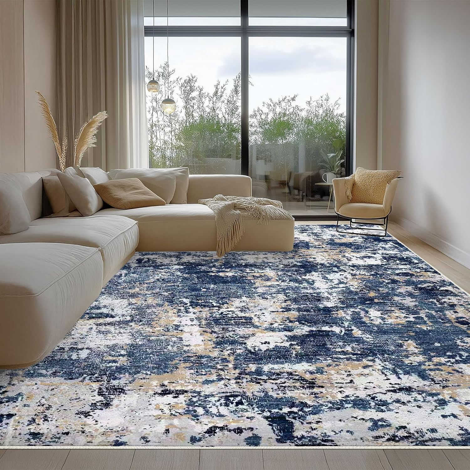 Vamcheer Washable Abstract Area Rug - Contemporary Style for Living Room, Bedroom, Kitchen - Machine Washable Rug for Living Room - Non-Shedding and Easy-Cleaning - Dark Blue 8x10 ft 8X10FT Dark Blue