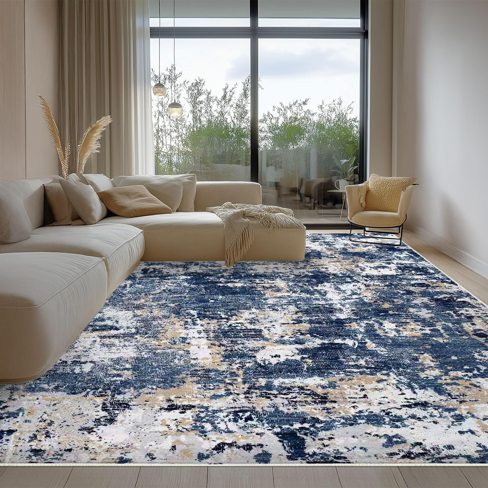 Vamcheer Washable Abstract Area Rug - Contemporary Style for Living Room, Bedroom, Kitchen - Machine Washable Rug for Living Room - Non-Shedding and Easy-Cleaning - Dark Blue 9x12 ft