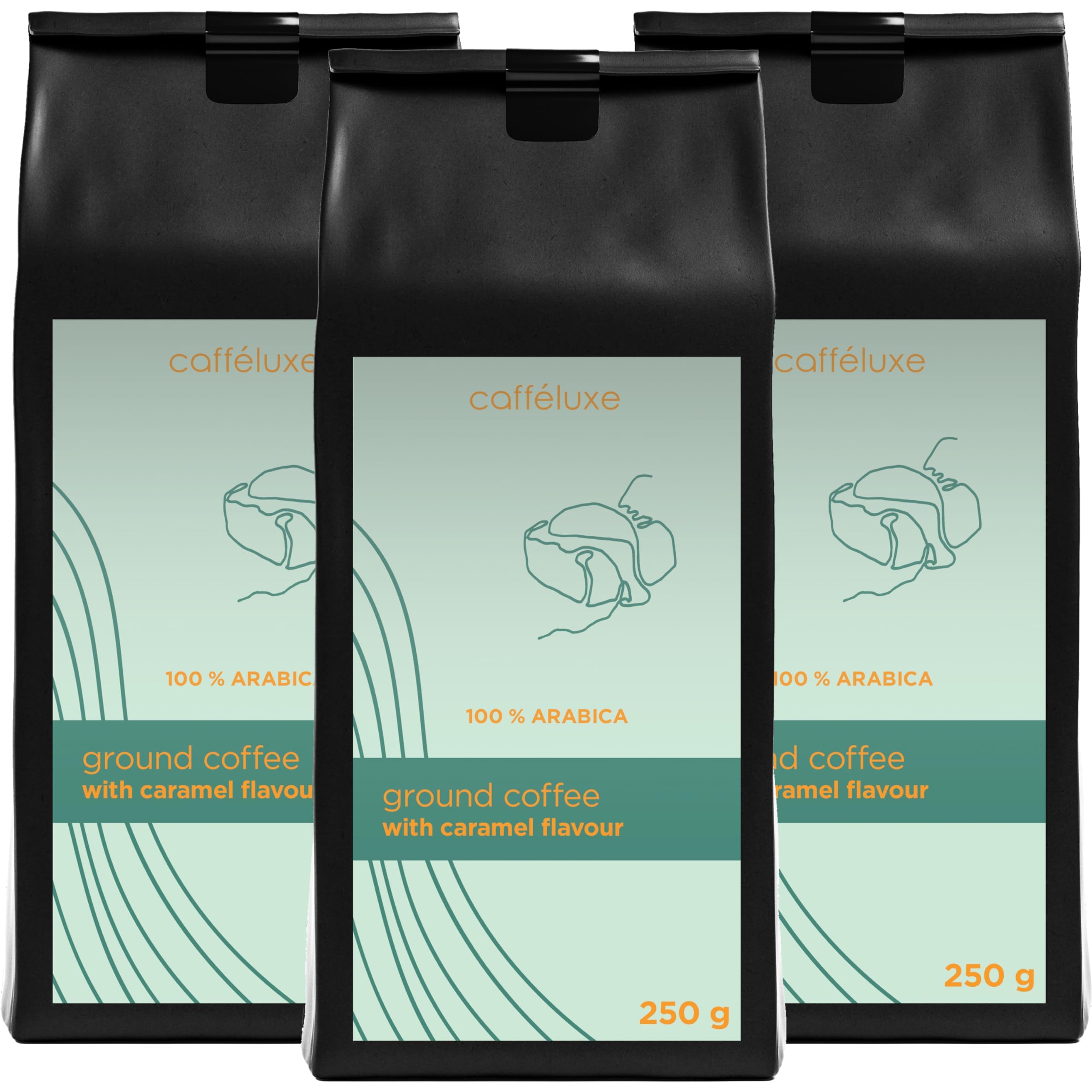 Caffeluxe - Roasted Arabica Beans - Naturally Flavoured Ground Coffee - Natural Caramel Flavouring -750g Coffee - 3 Pack (3 x 250g Bag)