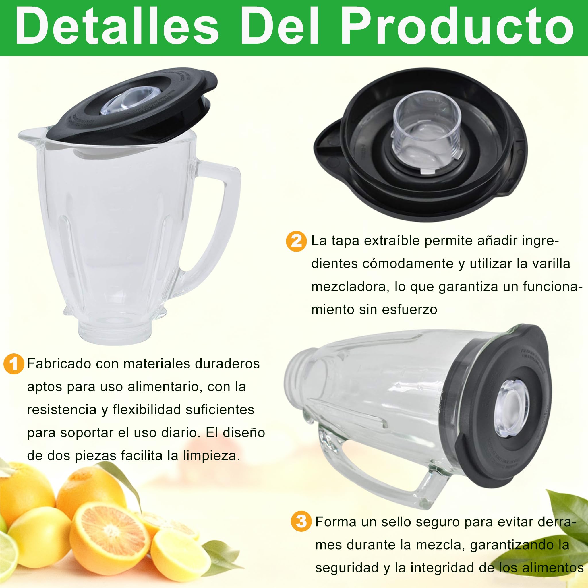 Poweka Repuesto Compatible con Osterr y Osterizerr Licuadora,Jarra de Vidrio Redonda de 6 Tazas 1.5L con Tapa Compatible con Osterr Batidoras (No Incluye Base ni Cuchilla)