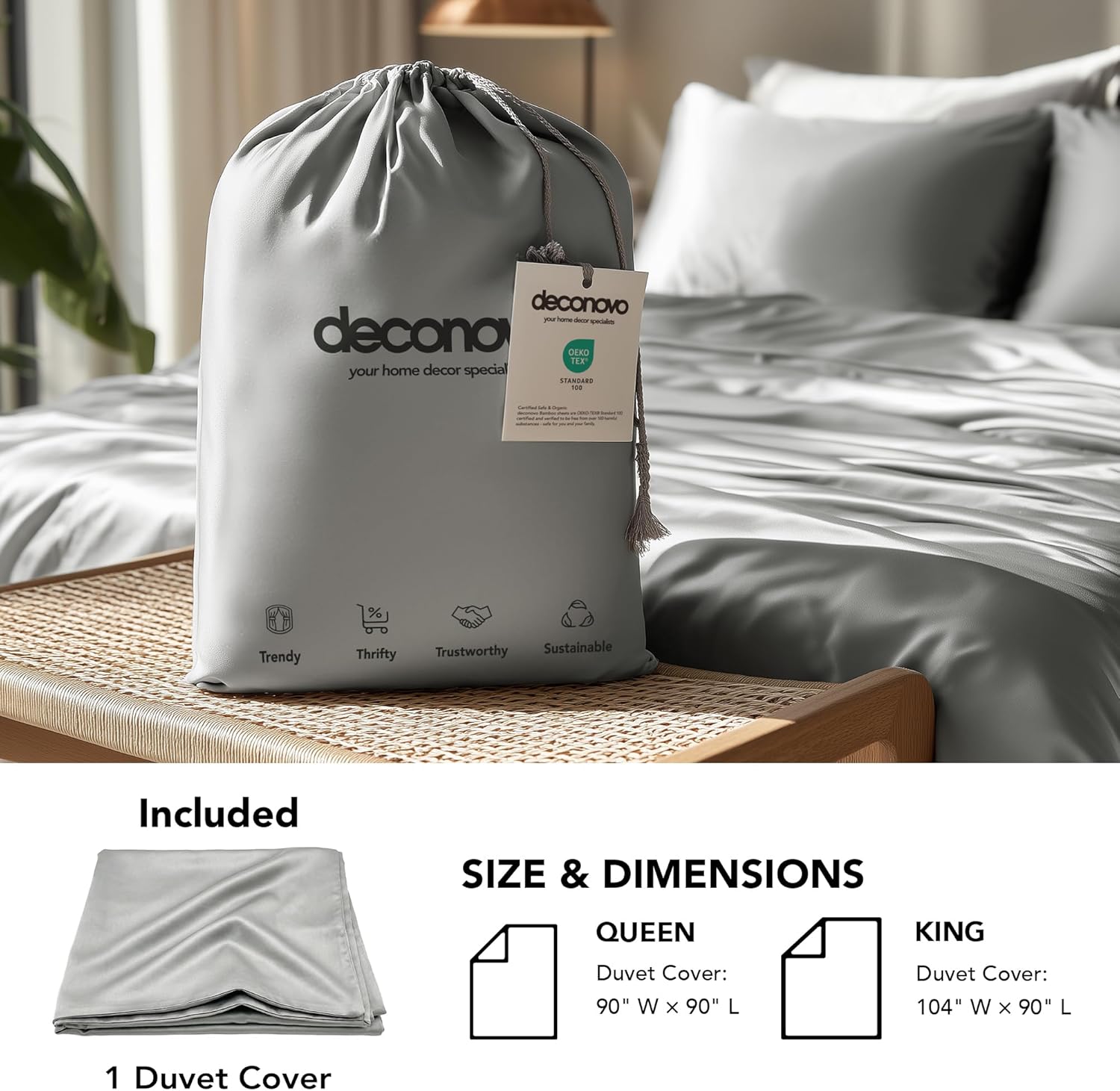 Deconovo 100% Viscose Duvet Cover (from Bamboo), Cooling Soft Breathable Bedding ，Oeko-TEX Standard 100-(King,Light Gray) (1 Pack)