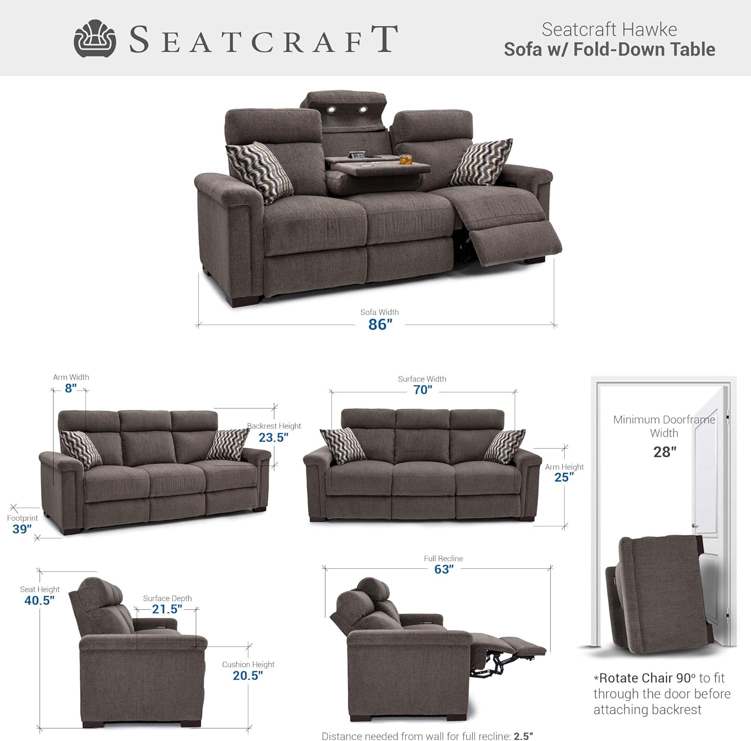 Seatcraft Hawke Home Theater Seating - Performance Fabric - Power Recline - Powered Headrests - Matching Pillows - USB Charging - Cup Holders (Sofa with Fold Down Table, Jasper Tan) : Home & Kitchen