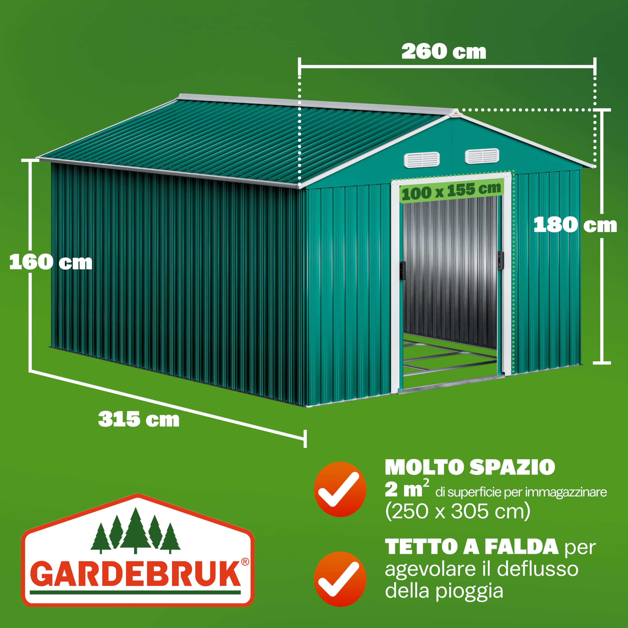 GARDEBRUK® Casetta per Attrezzi da Giardino XXXL in Metallo 8m² con Base 312x257x178cm Porta Scorrevole Capanno Verde con Tetto Prese d´Aria Capannone Rimessa da Esterno 15m³