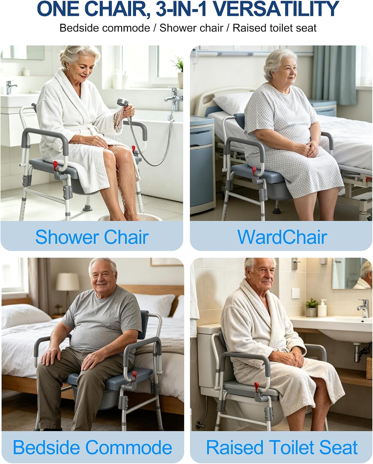 Heavy Duty Bedside Commode 1000lbs, Bariatric Commode Extra Wide Seat | Drop Armrests, Adjustable Height, Raised Toilet Seat for Seniors, Commode toilet, Shower Chair,4 in 1 Bedside or Bathroom Use