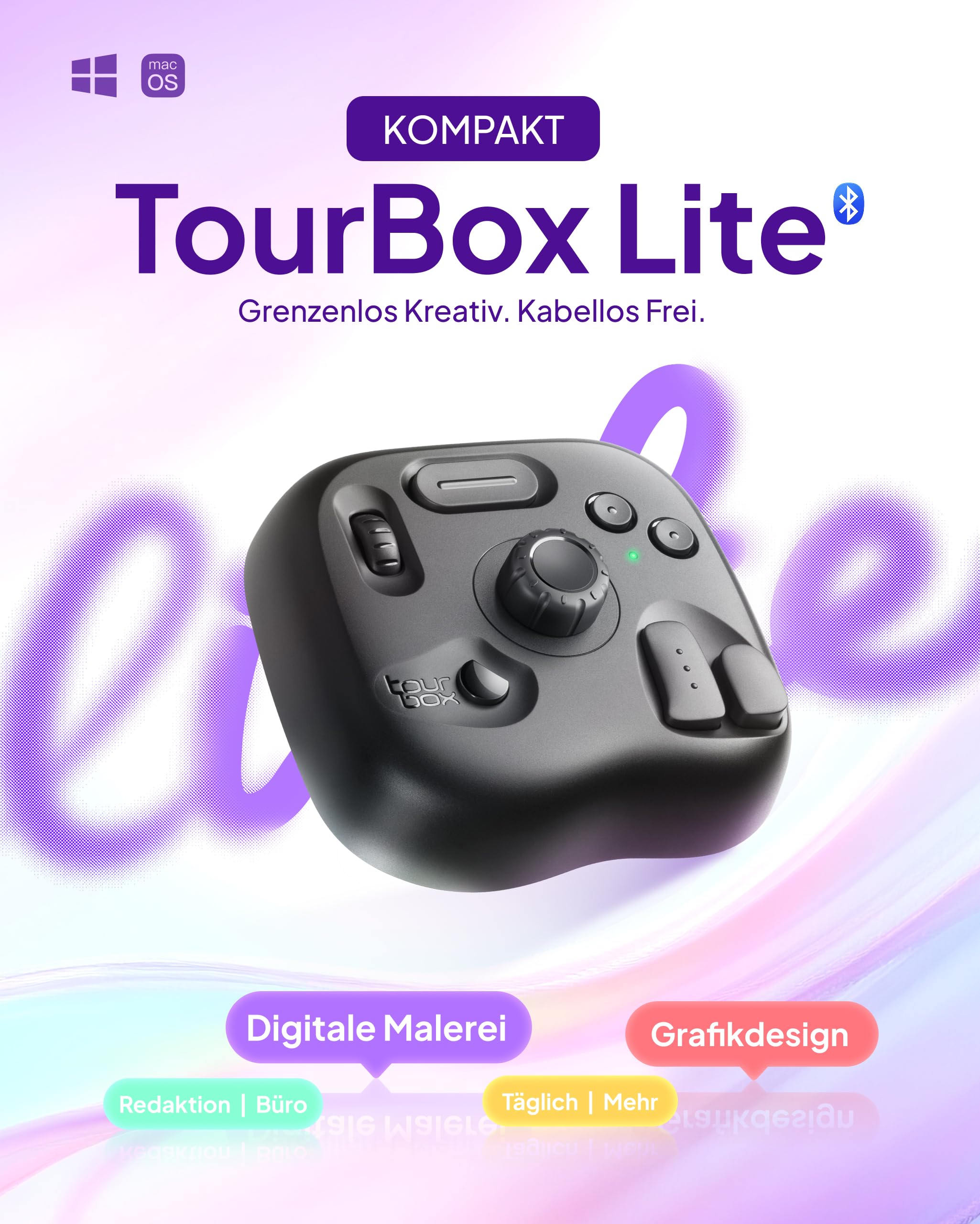 TOUR BOX Lite Bluetooth, Kompakte Bearbeitungstastatur Makro-Controller mit anpassbarer Software für Digitale Künstler, Fotografen, Editoren, Content Creator – Effizienz in Farbe (Schwarz)