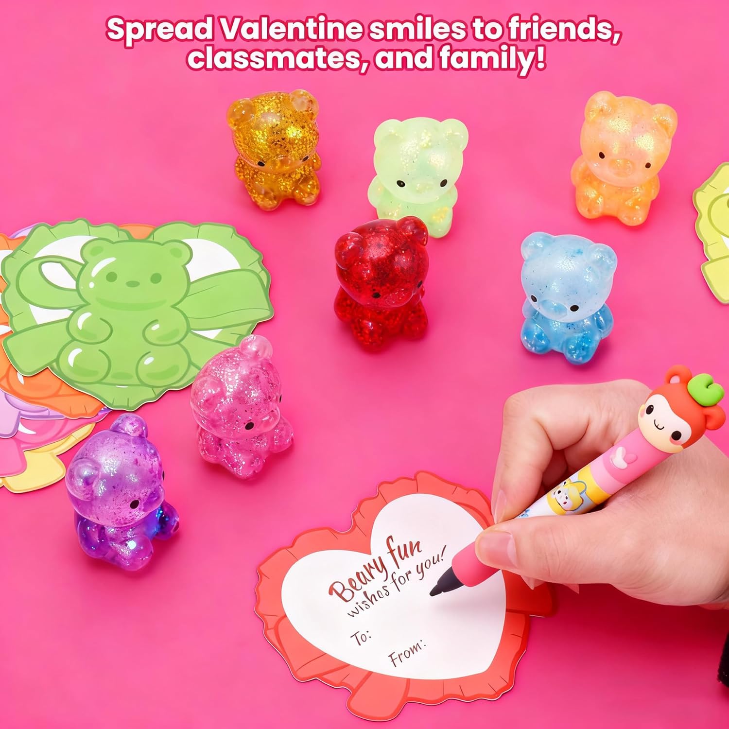 Valentines Day Cards for Kids School Classroom Exchange, 28 Pack Squishy Bear Stress Balls with 28 Heart Cards, Classroom Valentines Exchange Gifts and Non Candy Party Favors