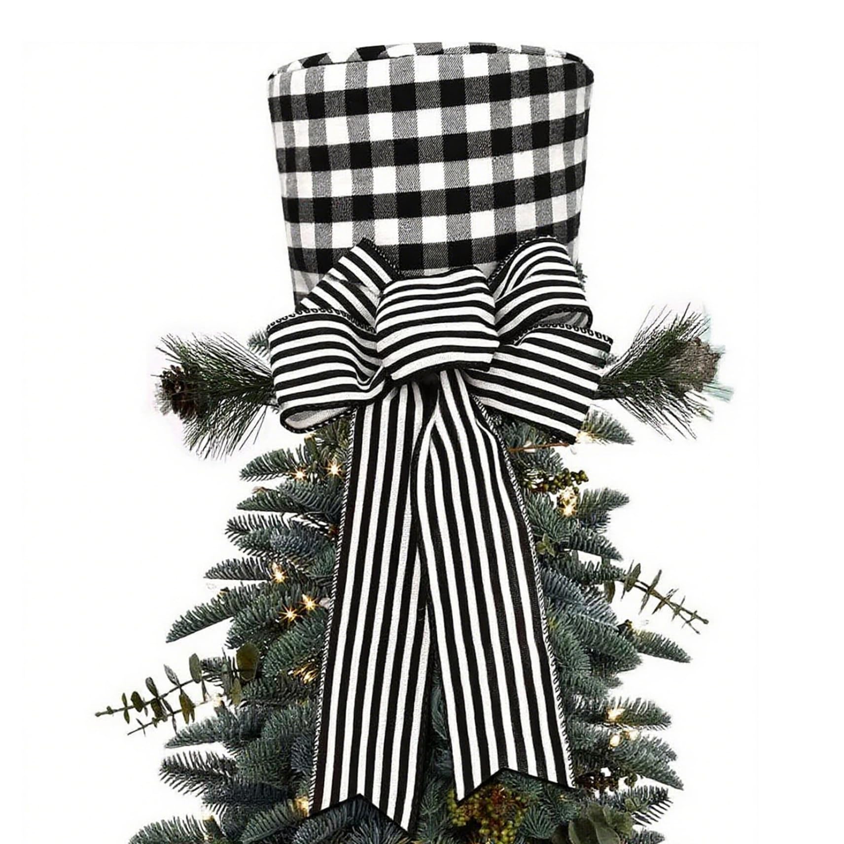Cimier d'arbre de Noël, 26 x 20 cm, Chapeau Haut de Forme à Carreaux et Blanc avec nœud et Fausses Plantes pour la décoration la Maison, fête Noël