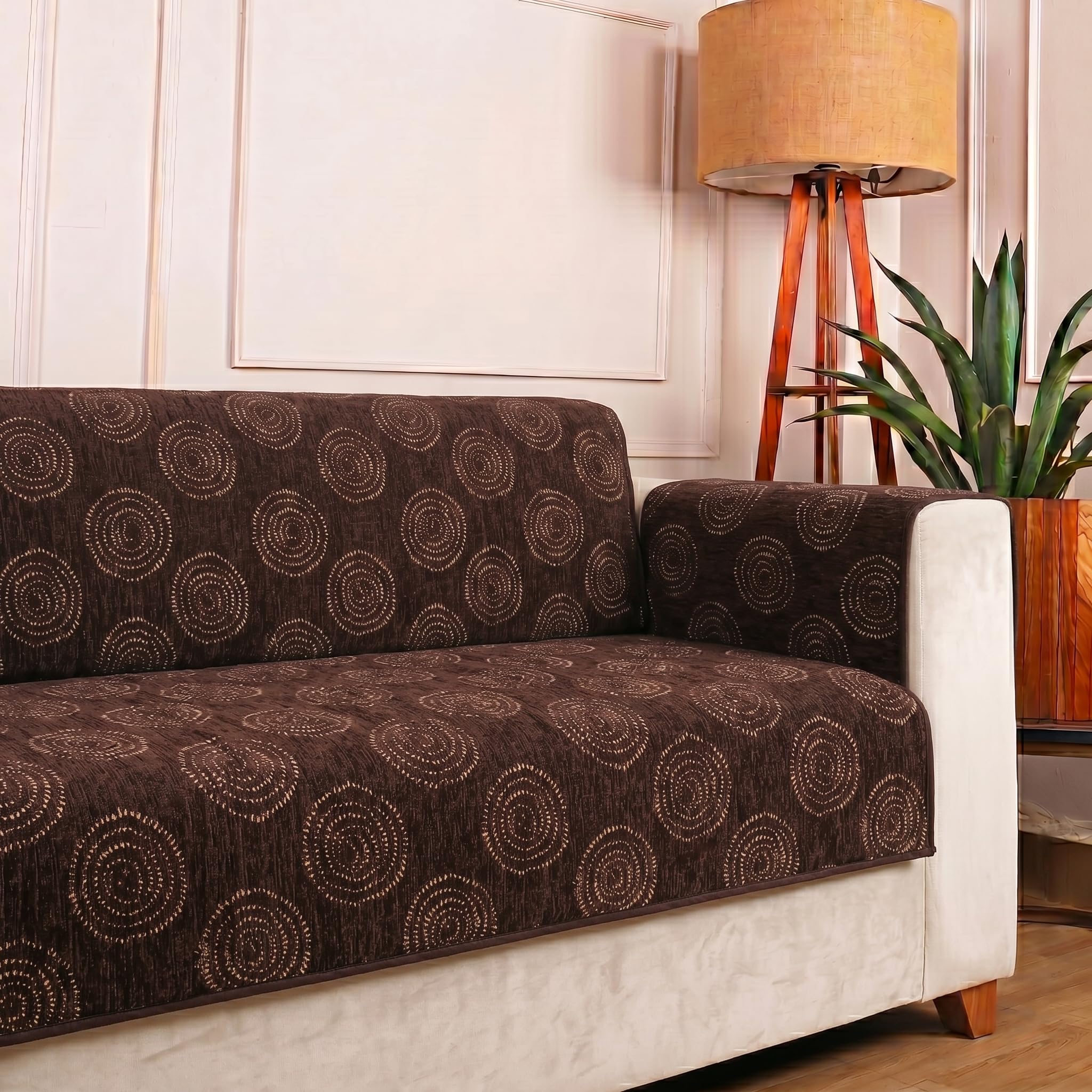 STITCHNEST 'Opulence Series' Floral Woven Sofa Cover for 3 Seater | Premium Soft Fabric Sofa Protector | Brown Circular Pattern with Tassel Edge Finish | Durable Living Room Furniture Cover